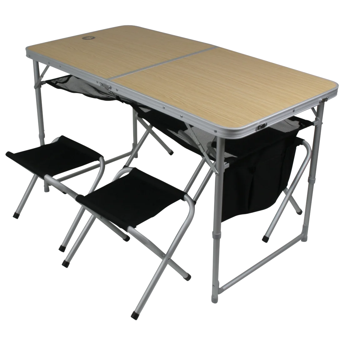 Set de camping pliable 10T pour 4 personnes avec table en aluminium effet bois clair et quatre tabourets noirs assortis, structure légère, idéal pour pique-nique et vacances en plein air.
