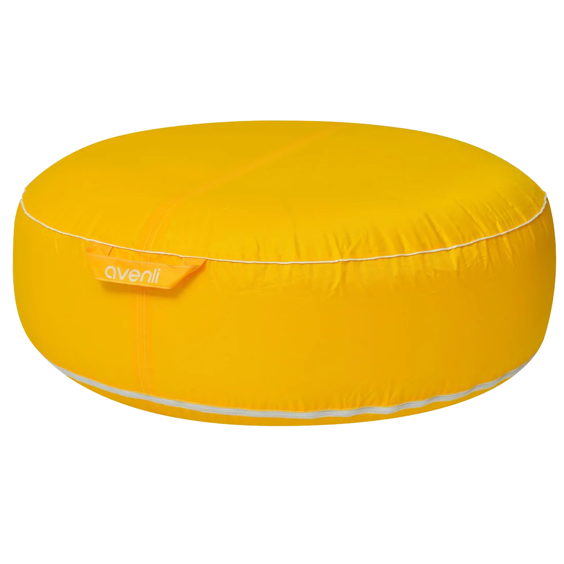 Yellow inflatable Avenli Pouf seat cushion, round shape, 98x38 cm, with white piping and a fabric handle showing the brand name, suitable for outdoor and indoor use.