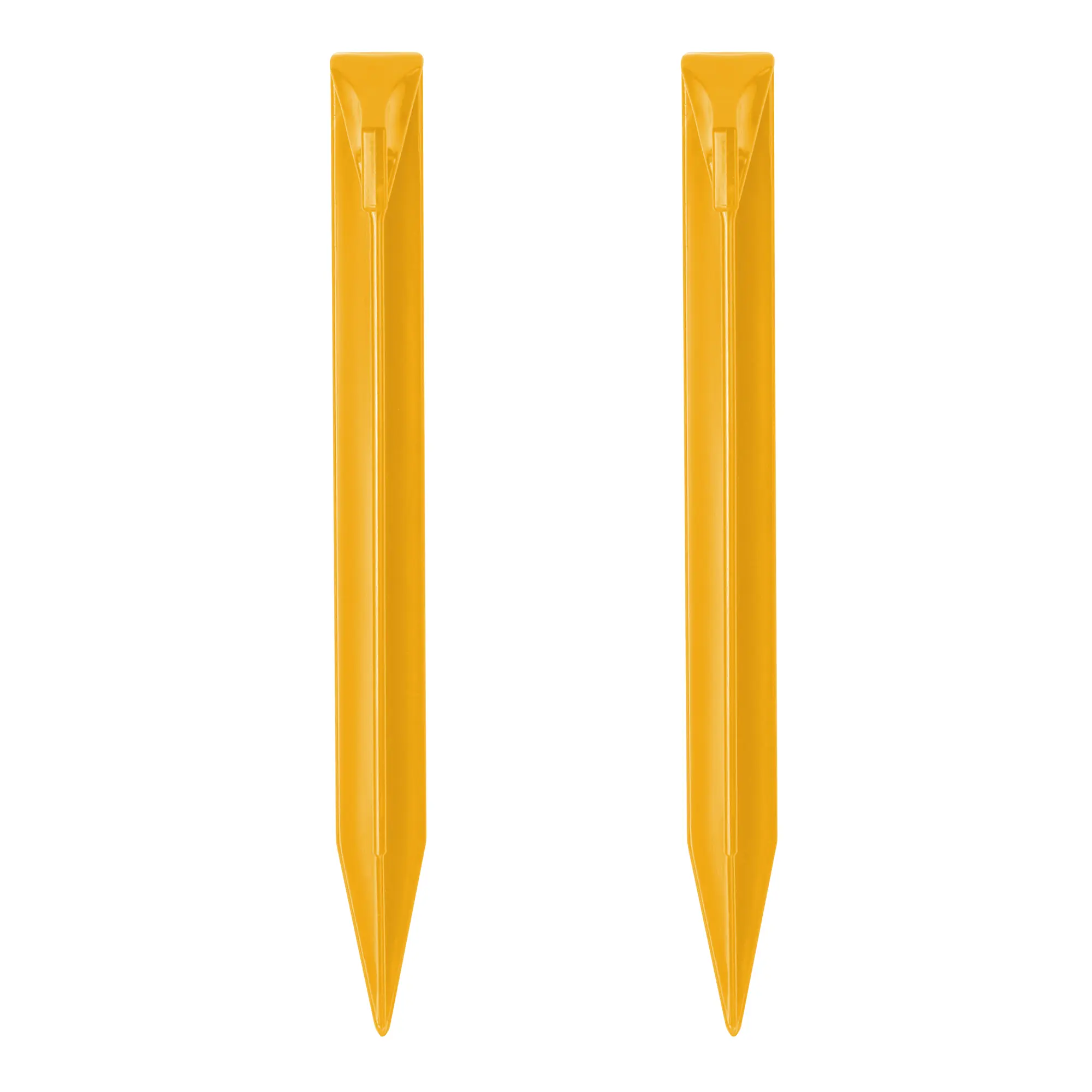 Deux piquets de tente 10T PEG IT TH-22ABS en plastique ABS jaune, profil en T, pointe effilée, dimensions 20x20x200 mm, robustes pour fixer tentes, tarps ou abris lors du camping en extérieur.