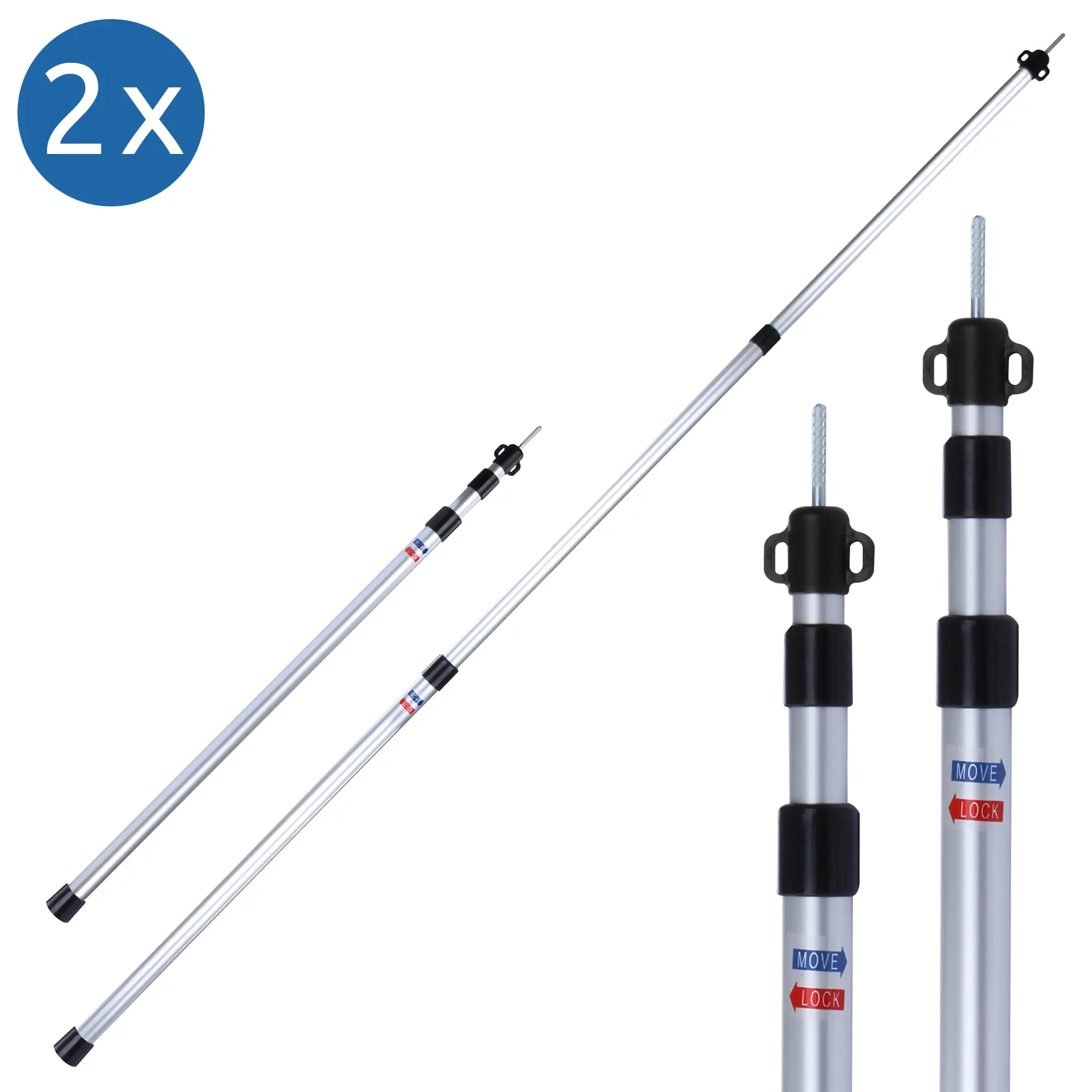 2 teleskopische Alu-Stangen für your GEAR Parasol Sonnendach, silberfarben, mit schwarzen Verstellgriffen und Move Lock System, passend für Busvorzelt und Campingbusse, robust und flexibel einstellbar.