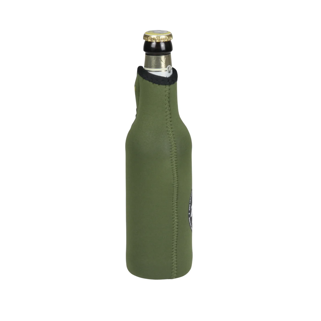 Refroidisseur de bouteille 10T Cooler 350 ml en néoprène vert avec fermeture éclair, adapté aux canettes et bouteilles, isolant pour garder les boissons fraîches ou chaudes, couture visible sur le côté.