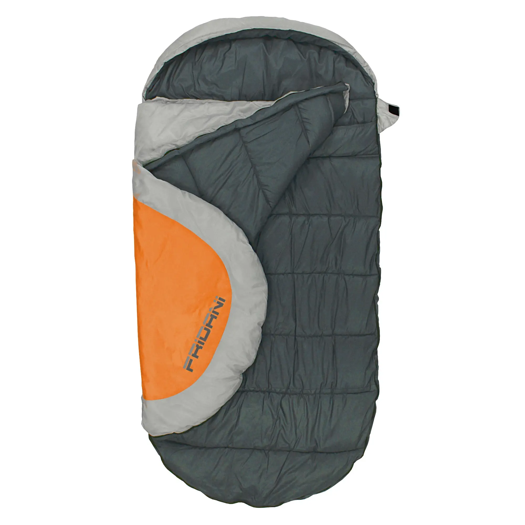 Sacco a pelo grigio con interno arancione e grigio chiaro, parzialmente aperto, con logo "FRIDANI" stampato sulla parte arancione.