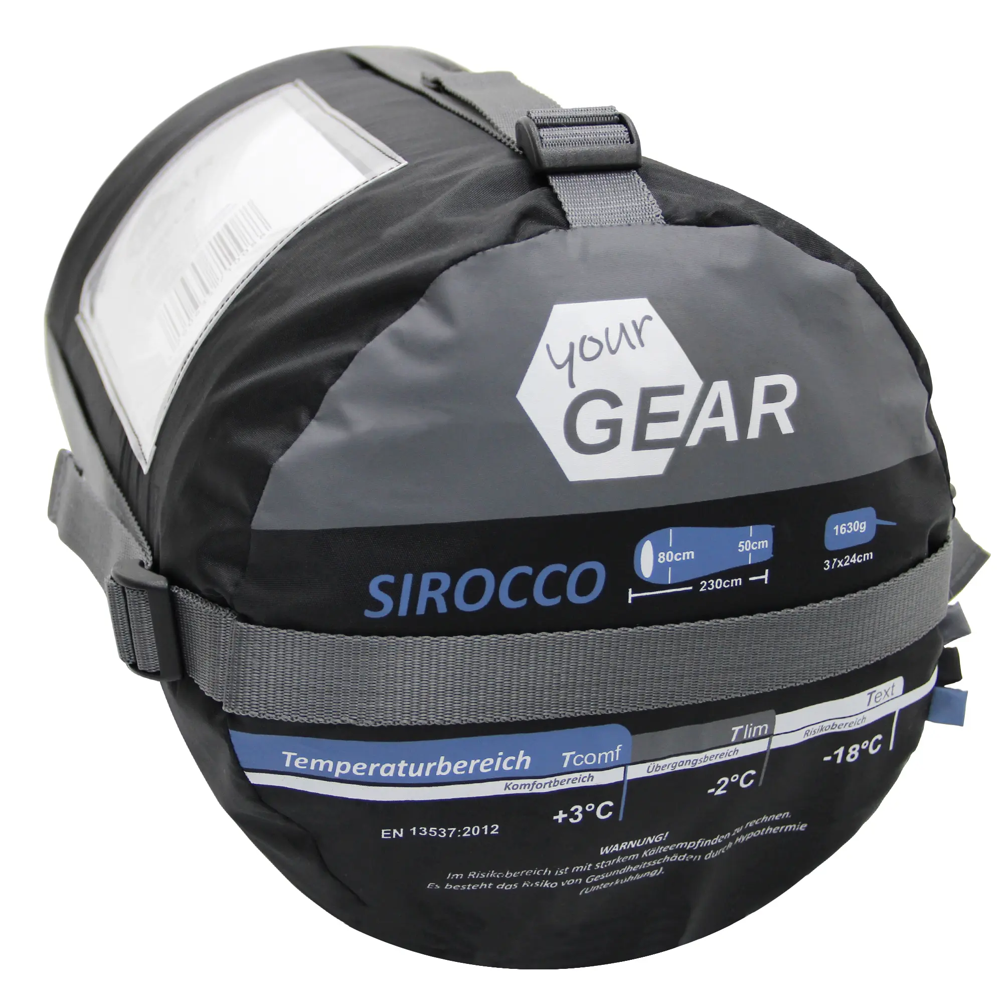 yourGEAR Schlafsack Sirocco -18°C, komprimiert im blauen und grauen Packsack, mit Logo, Temperaturbereich, Maßen 230x80 cm und Details zu Füllgewicht und Einsatz für 3-4 Jahreszeiten sichtbar.