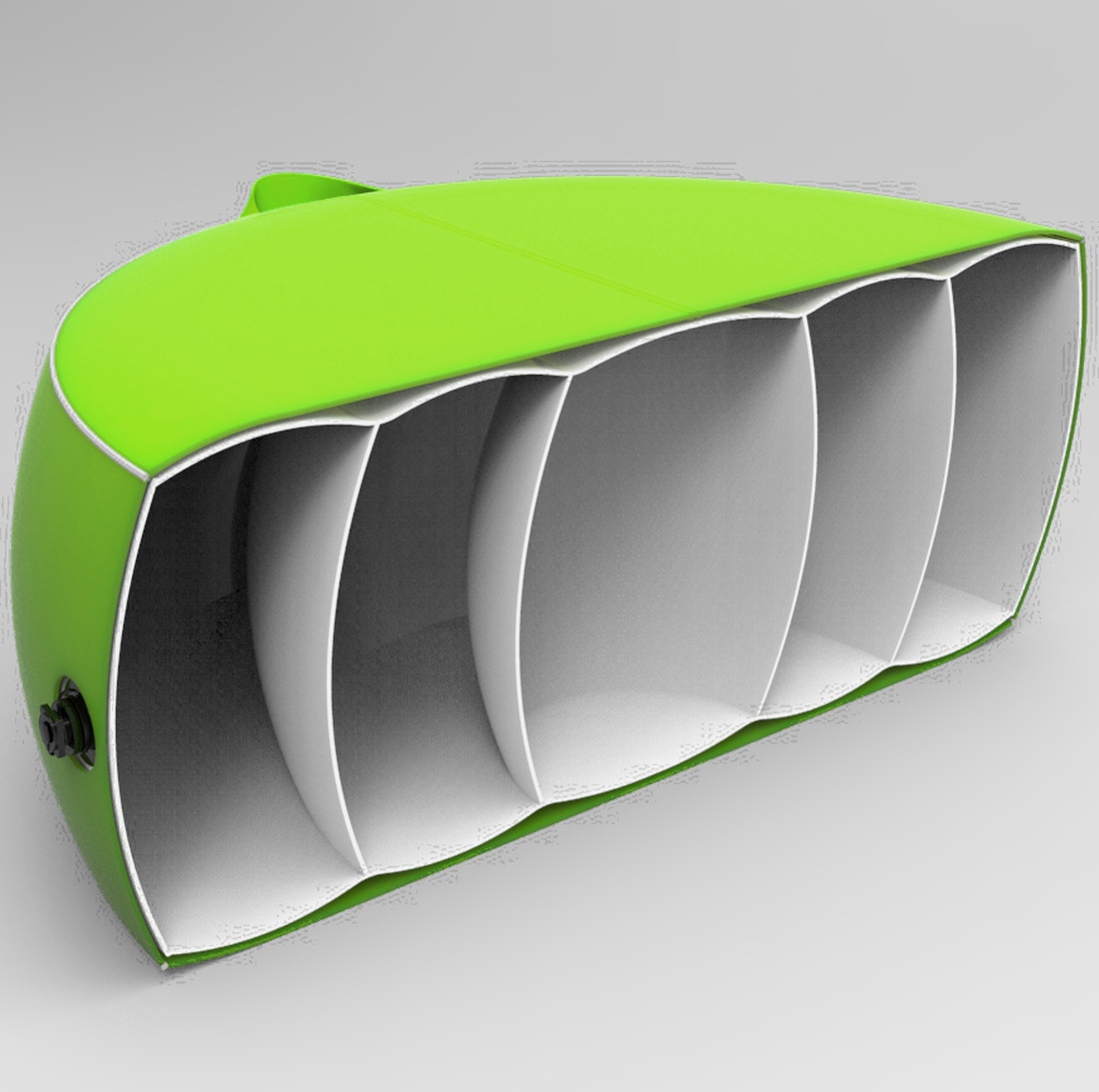 Pouf Avenli vert 98x38cm, structure interne compartimentée visible, revêtement renforcé et imperméable, adapté pour l’extérieur, utilisation sur sols durs et mous, valve noire sur le côté.