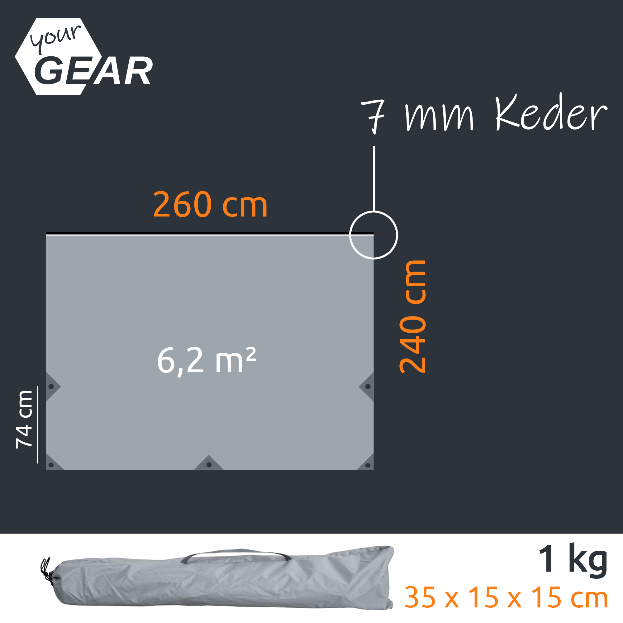 Lona para toldo your GEAR Cavoli 260×240 cm en gris, 6,2 m², costuras reforzadas y ojales triangulares, faldón con keder 7 mm, resistente UV50+ y 5000 mm, paquete compacto en funda de transporte.