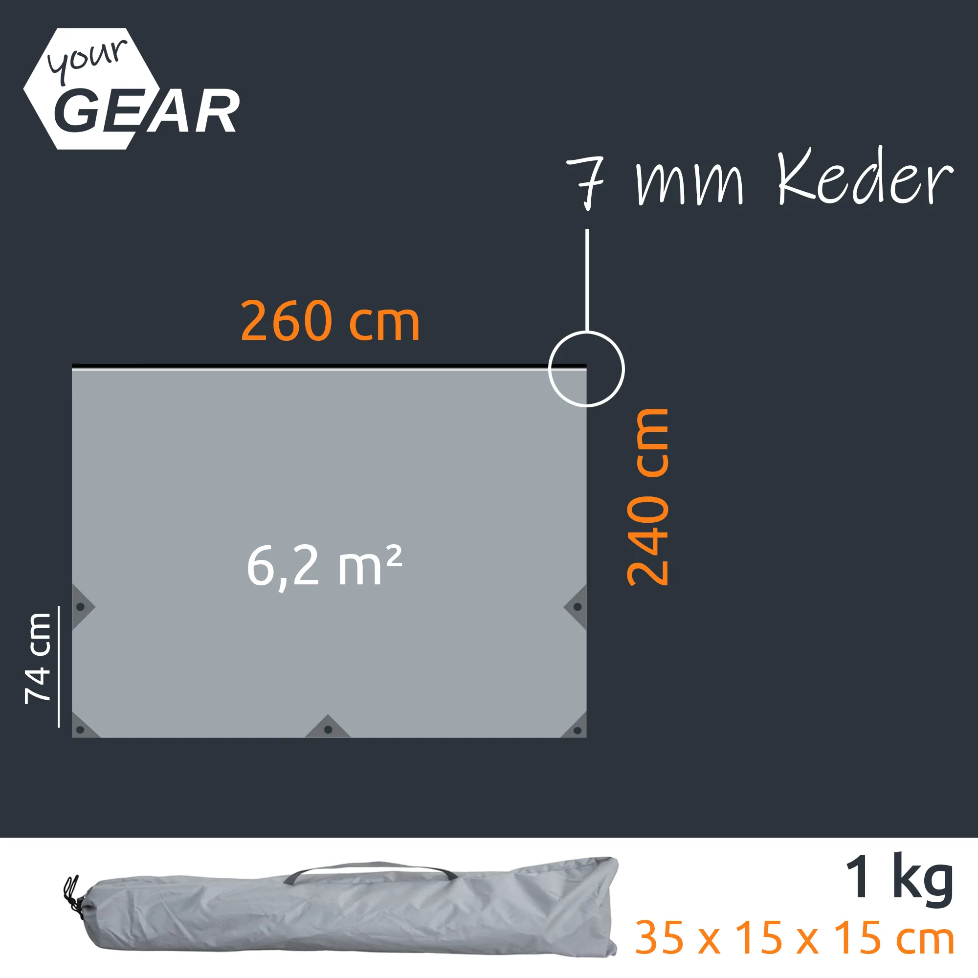 Tarp solaire gris your GEAR 260x240 cm pour van, tissu UV50+ 5000 mm, œillets d’angle renforcés, bande Keder 7 mm visible, surface 6,2 m², livré plié dans housse compacte (1 kg) — visuel dimensions et logo.