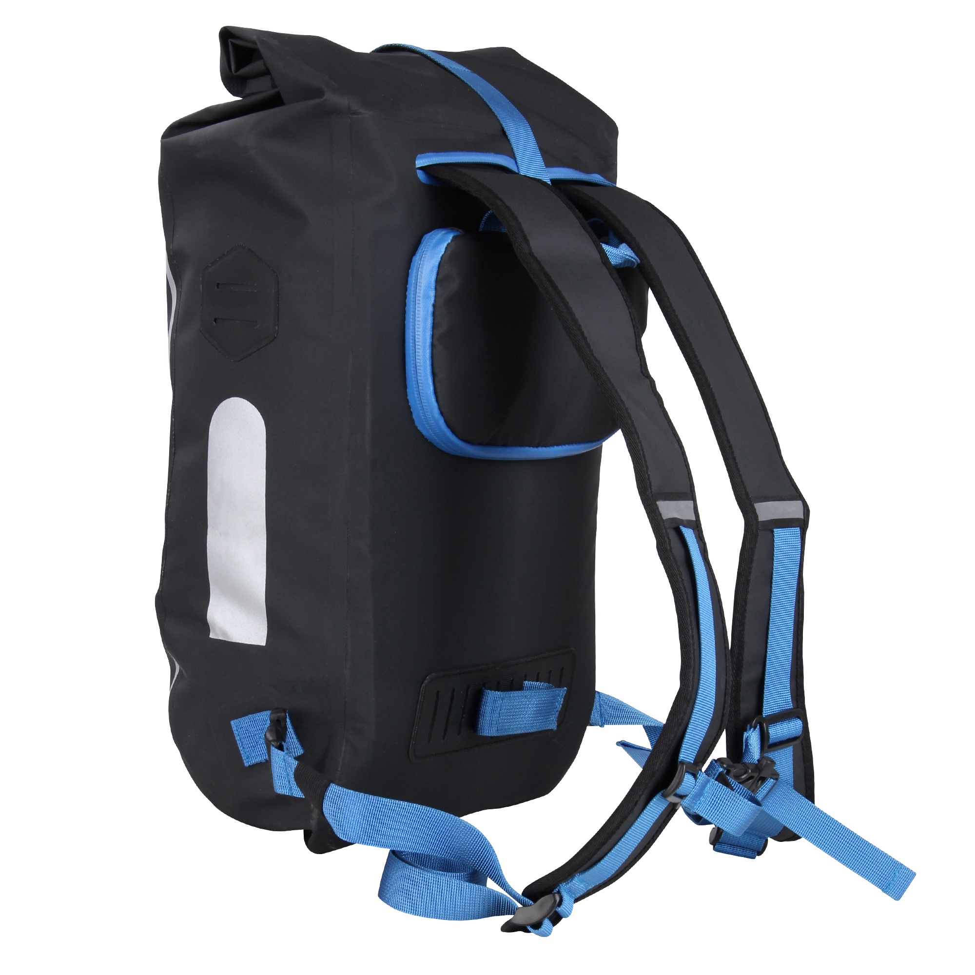 yourGEAR Arco 19L 3-in-1 waterproof bike pannier, backpack, and laptop bag in black with blue straps and reflective strip, ergonomic padded shoulder straps, and roll-top closure for versatile use.