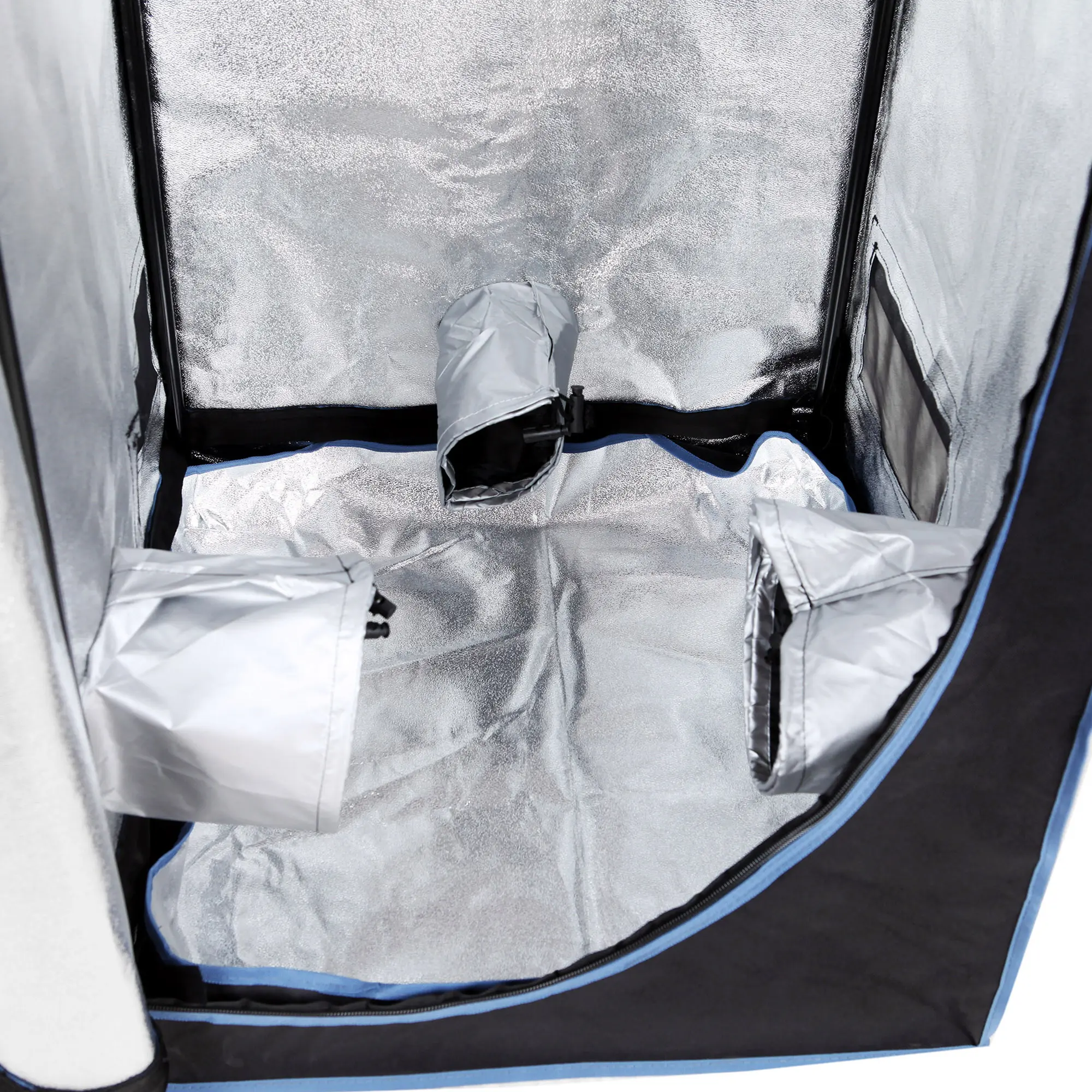 Interior view of yourGEAR Growzelt Plantsville grow tent, showing reflective silver lining, ventilation openings, and sturdy seams. Ideal for indoor plant cultivation, size 60x60x180 cm.
