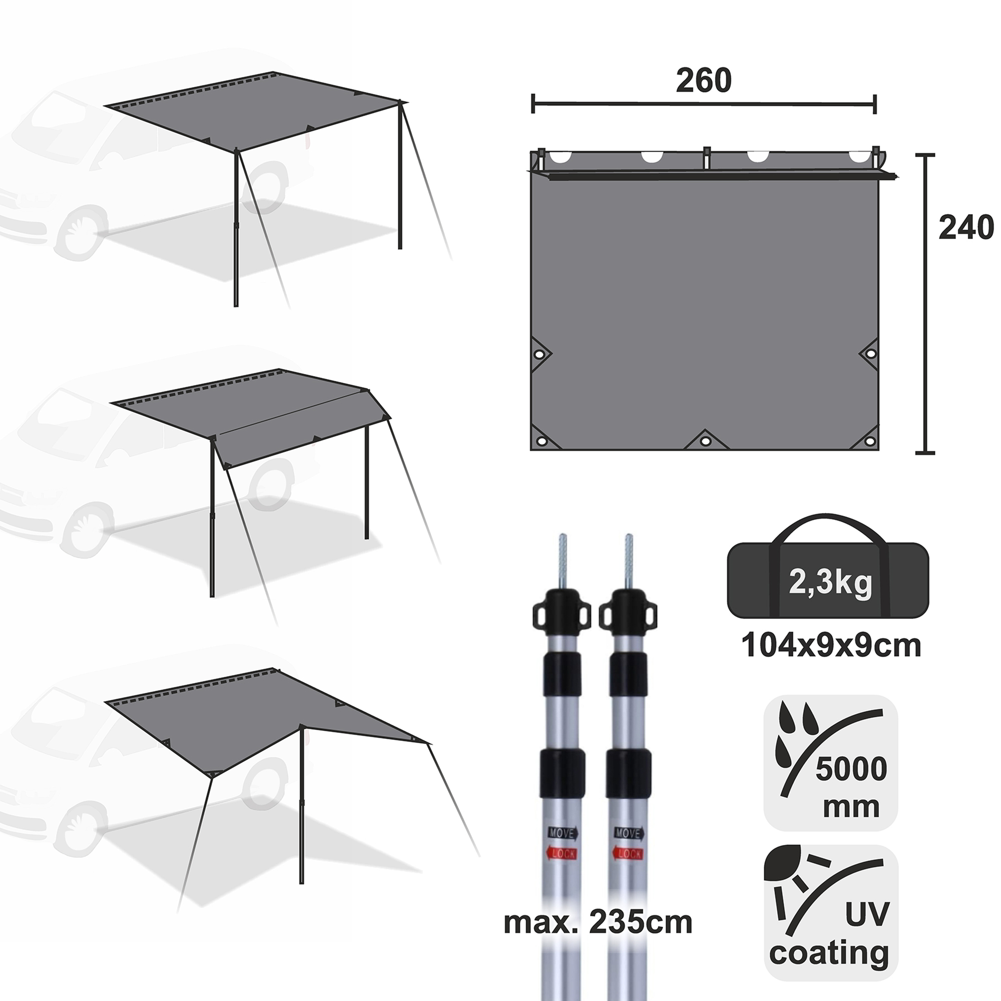 Tarp yourGEAR pour camping-car, gris, 260x240 cm, avec 2 mâts télescopiques en aluminium (max. 235 cm), imperméable 5000 mm, protection UV 50+, poids 2,3 kg, sac de transport 104x9x9 cm.
