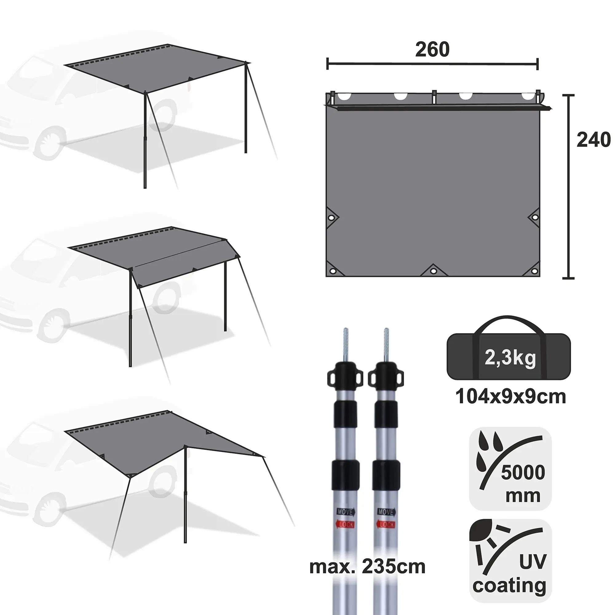 yourGEAR Motorhome Tarp 260x240 cm in gray, shown with setup options for vans, includes 2 adjustable aluminum poles (max. 235 cm), 5000 mm waterproof, UV 50+ coating, weight 2.3 kg, packed size 104x9x9 cm.