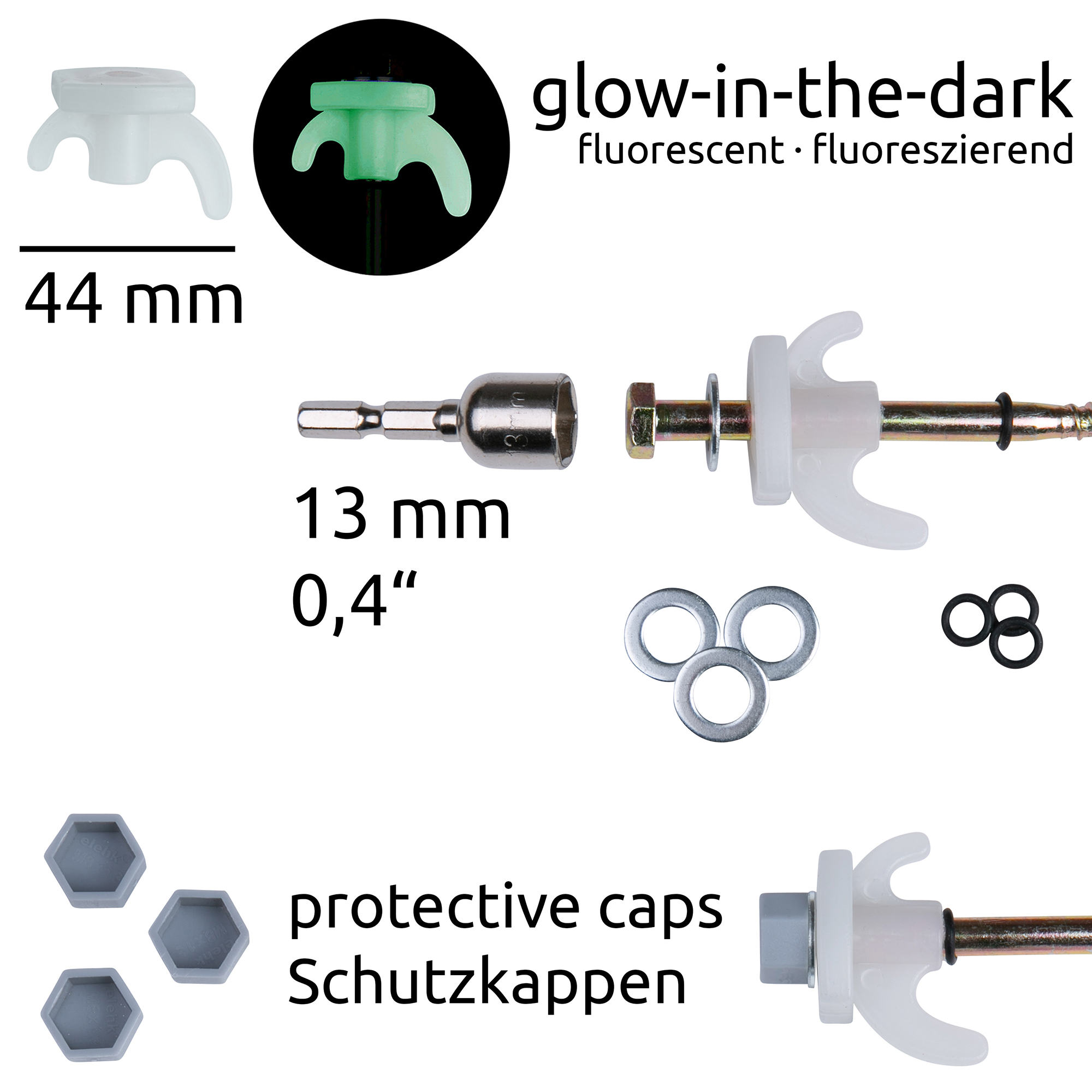Robuster your GEAR Schraubhering aus Stahl mit 44 mm fluoreszierendem Kunststoffkopf, 13 mm Sechskant-Bit, Schutzkappen, Gummiringen und Befestigungshaken, ideal für harten Boden und Camping.