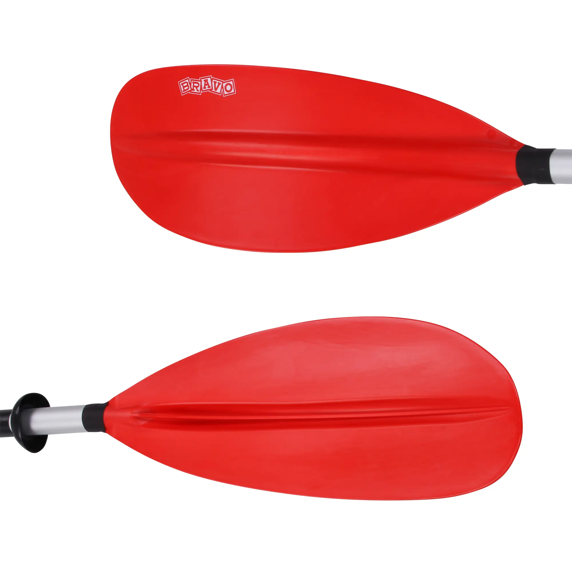 Due pagaie rosse da kayak con manico in alluminio, viste dall’alto su sfondo bianco.