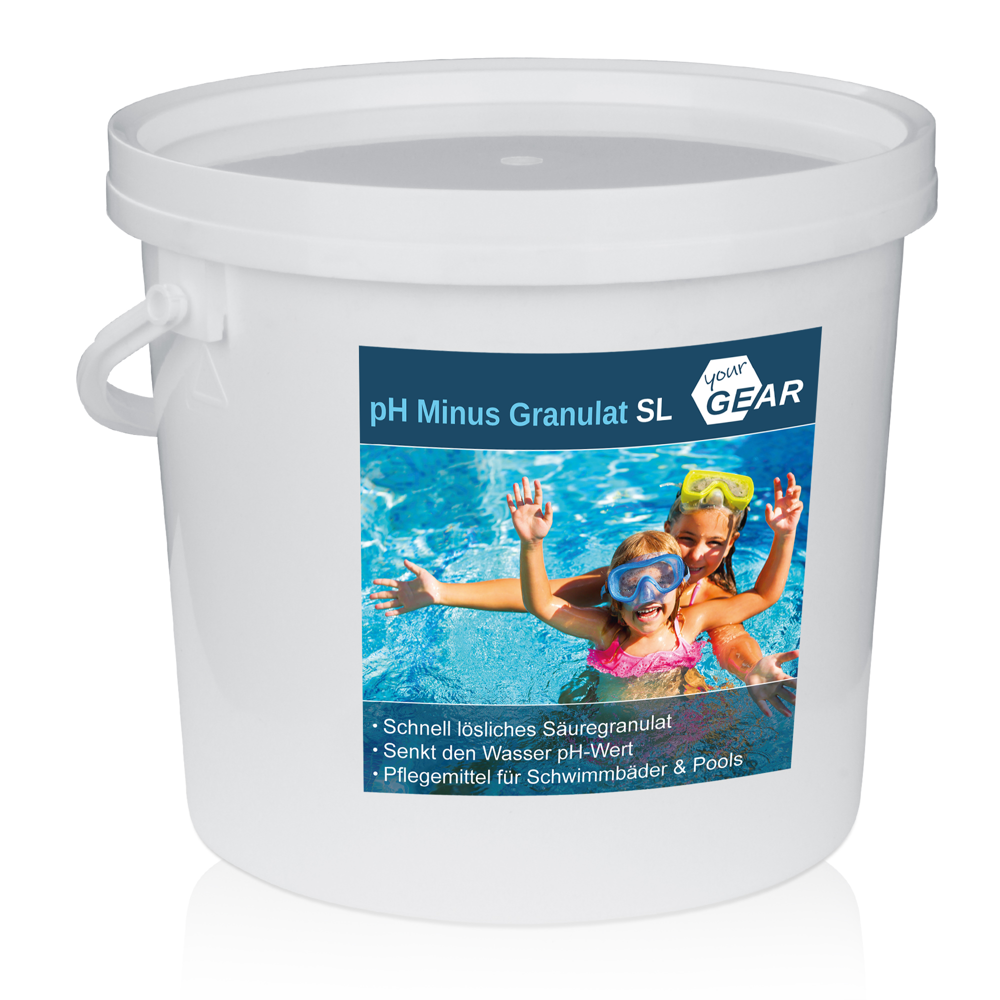 Large white plastic bucket of yourGEAR pH Minus Granulat SL 7 kg, featuring a label with two children swimming, product name, and details about fast-dissolving acid granules for lowering pool water pH.
