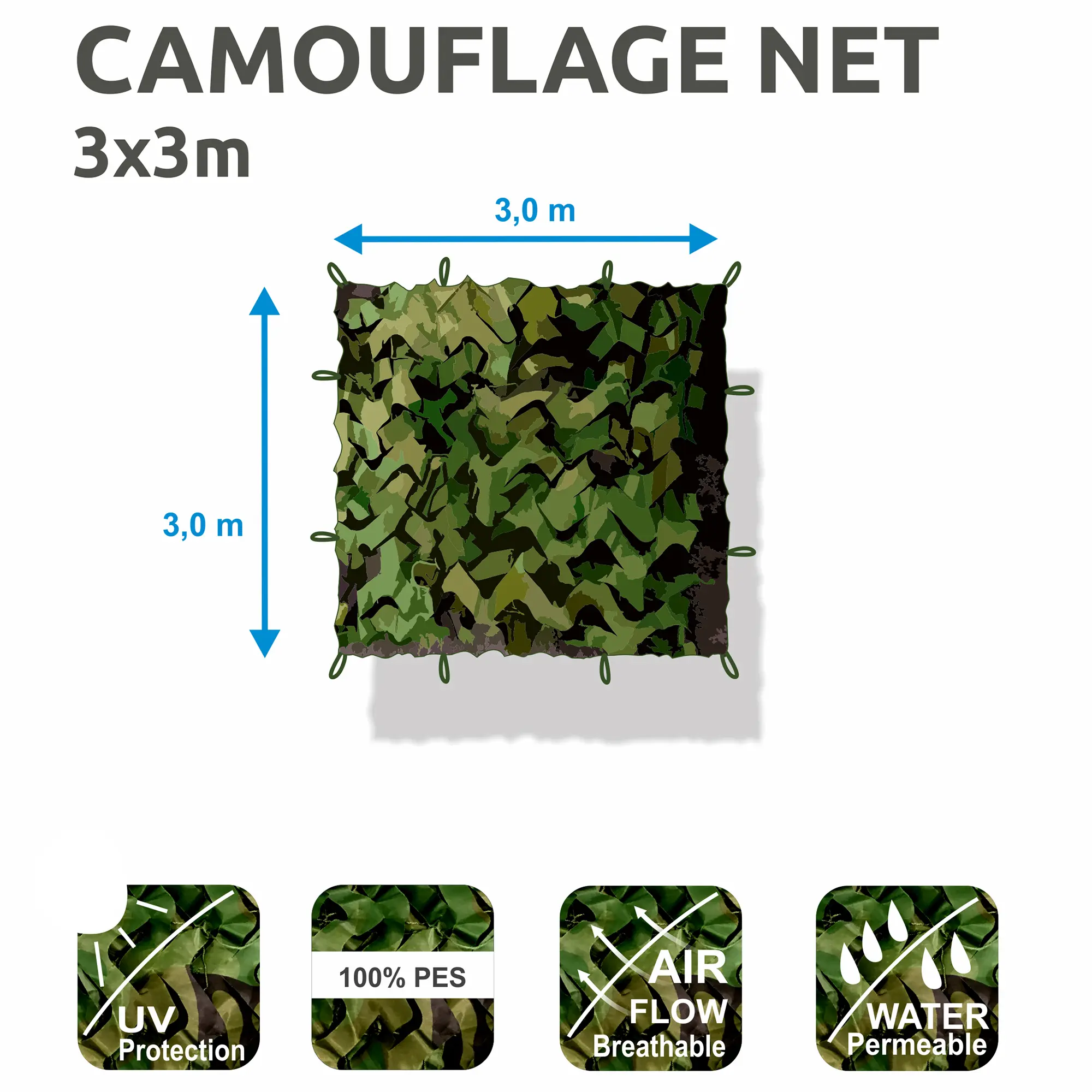 Red de camuflaje yourGEAR de 3x3 m en tonos verdes y marrones, resistente al agua, transpirable, protección UV, fabricada en 100% poliéster, ideal para sombra, jardín, caza y decoración exterior.