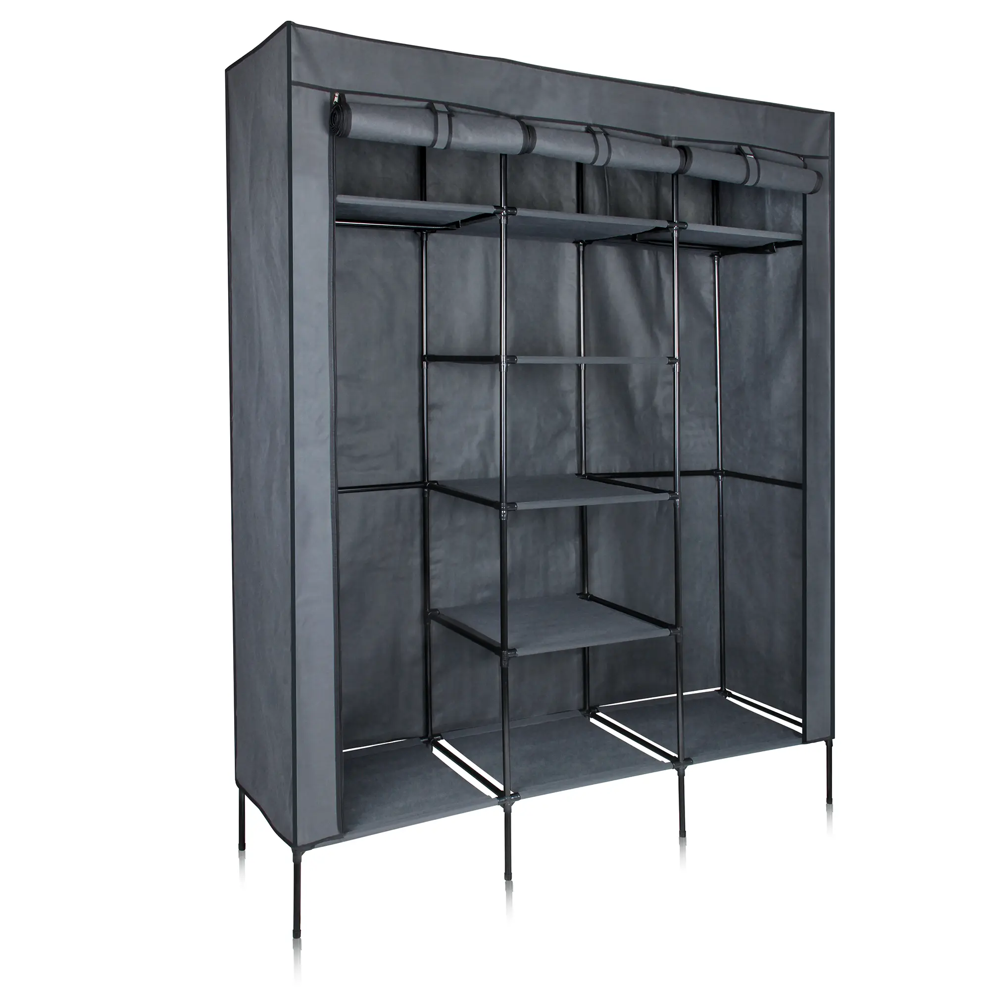 yourGEAR Grado fabric wardrobe, 150x45x185 cm, in black and grey with 2 clothes rails and 9 shelves, lightweight frame, fabric cover, offering ample storage space for clothes, shoes and accessories.