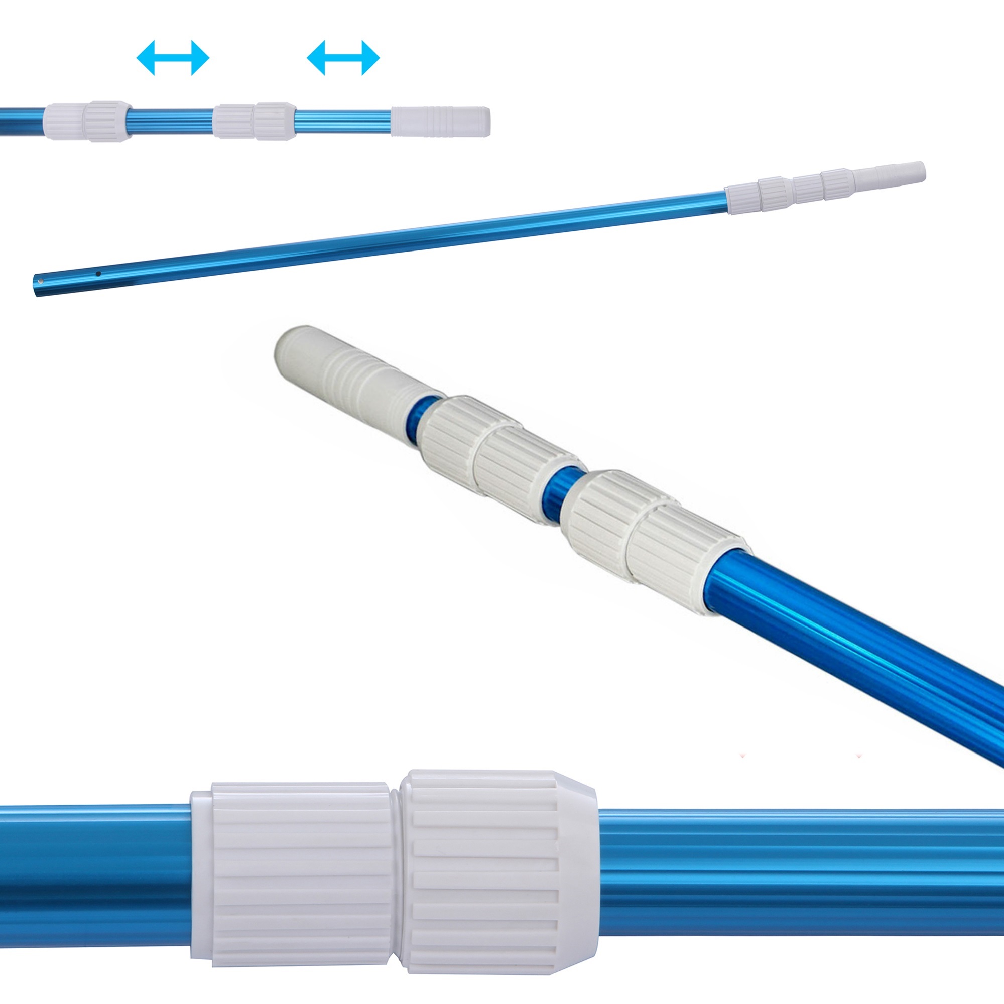 Perche télescopique yourGEAR PPS-3x100 en aluminium bleu, 3 sections, réglable de 120 à 300 cm, avec poignées blanches, adaptée aux accessoires de piscine comme filets, brosses et aspirateurs.