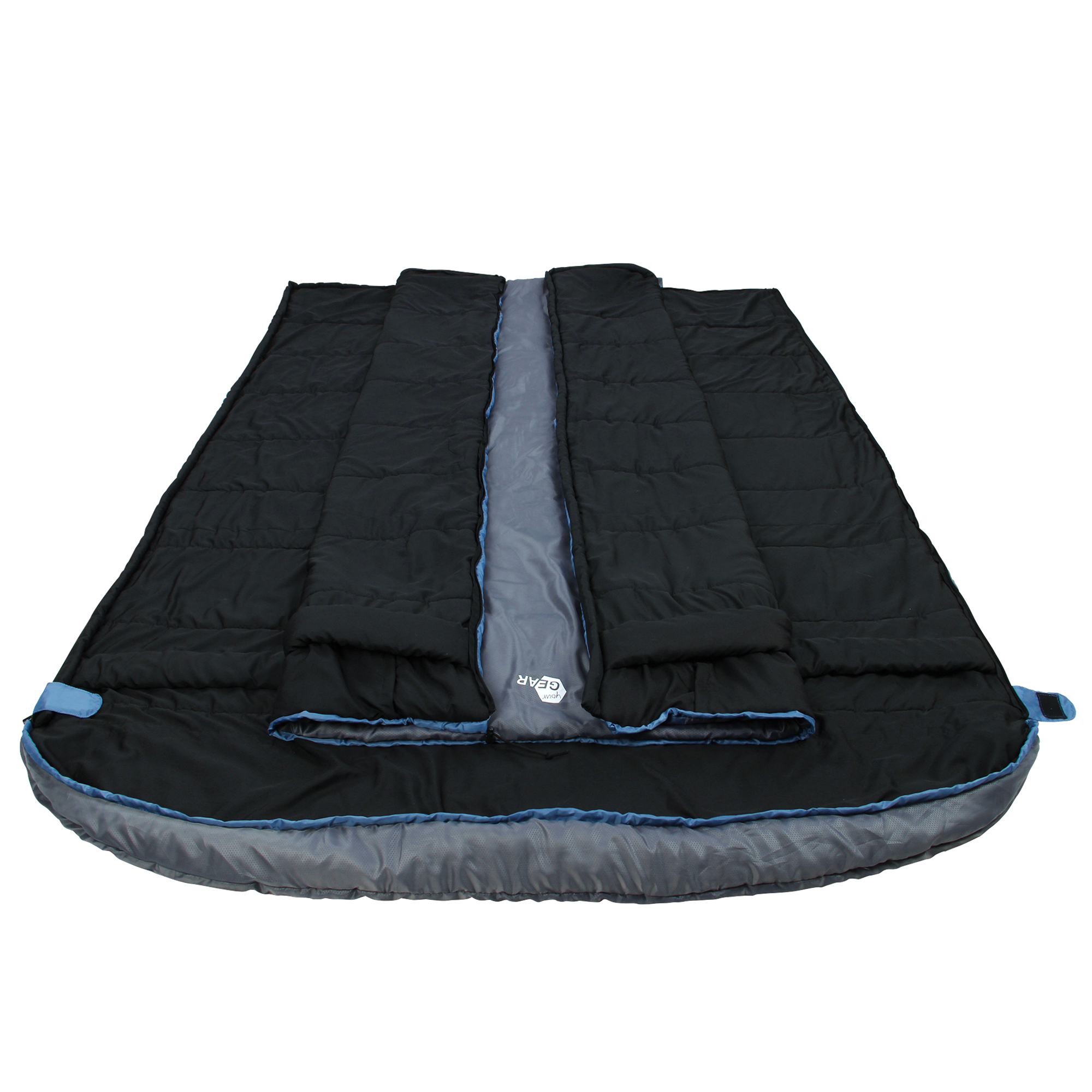 Saco de dormir doble yourGEAR Ostria Duo azul y gris, tamaño 230x160 cm, diseño rectangular para 2 personas, acolchado, con cierre y detalles en azul, ideal para verano y temperaturas hasta -3°C.