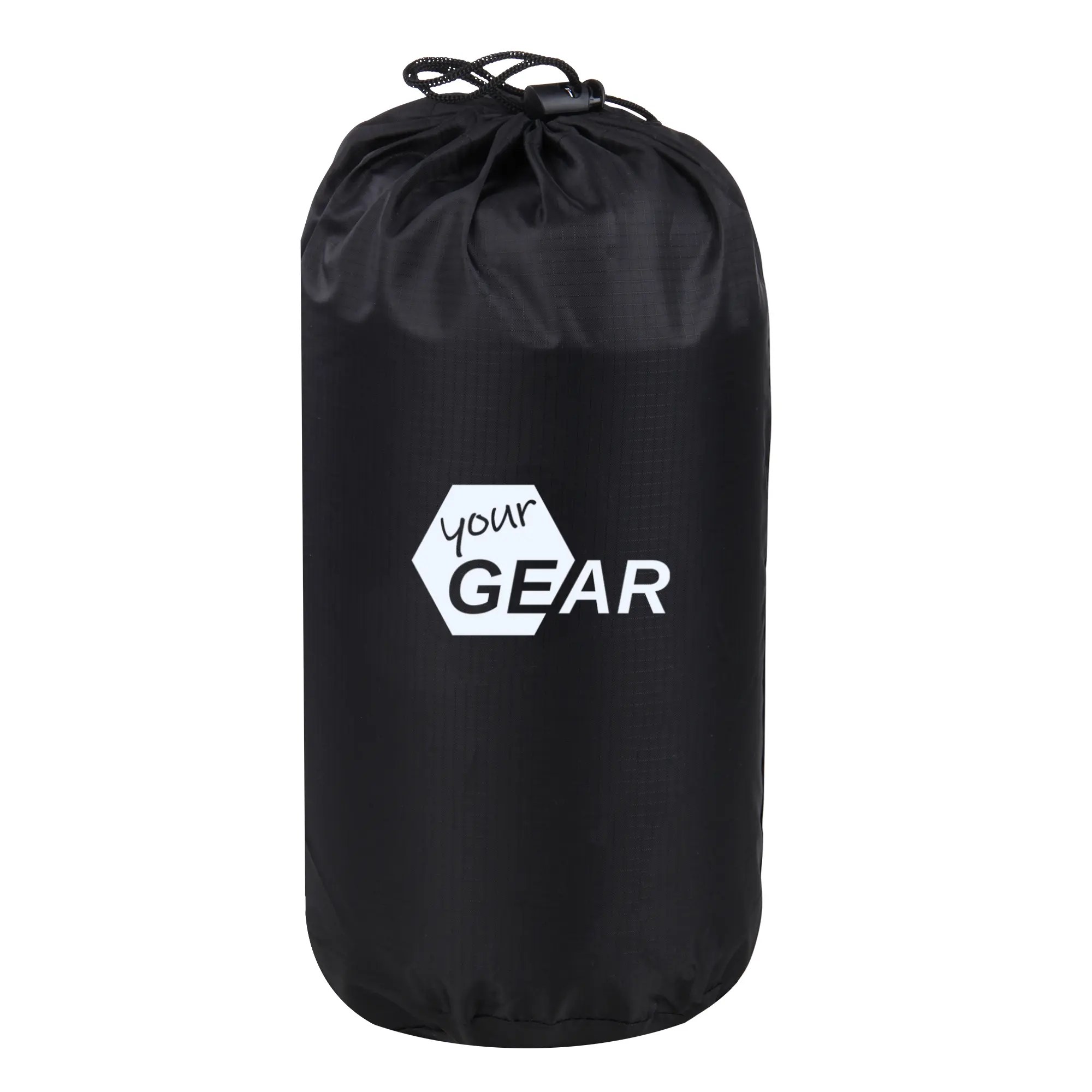your GEAR Memory Foam travel pillow packed in a black drawstring bag with your GEAR logo, showing compact and portable design ideal for outdoor use, size 40x26x15cm.
