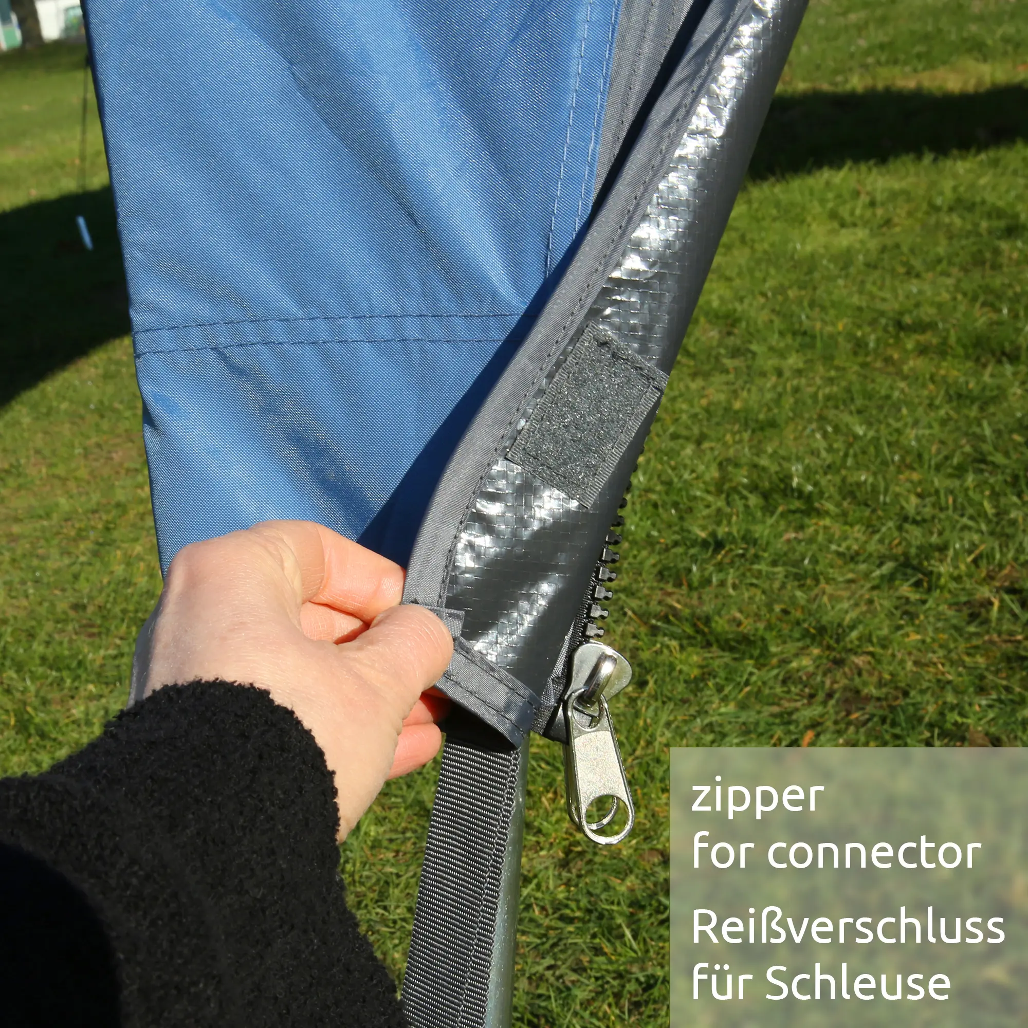 Close-up of your GEAR Bergamo 430 Bus Connector vehicle awning, showing the robust zipper and reinforced fabric for secure, weatherproof attachment between pavilion and camper van or car.