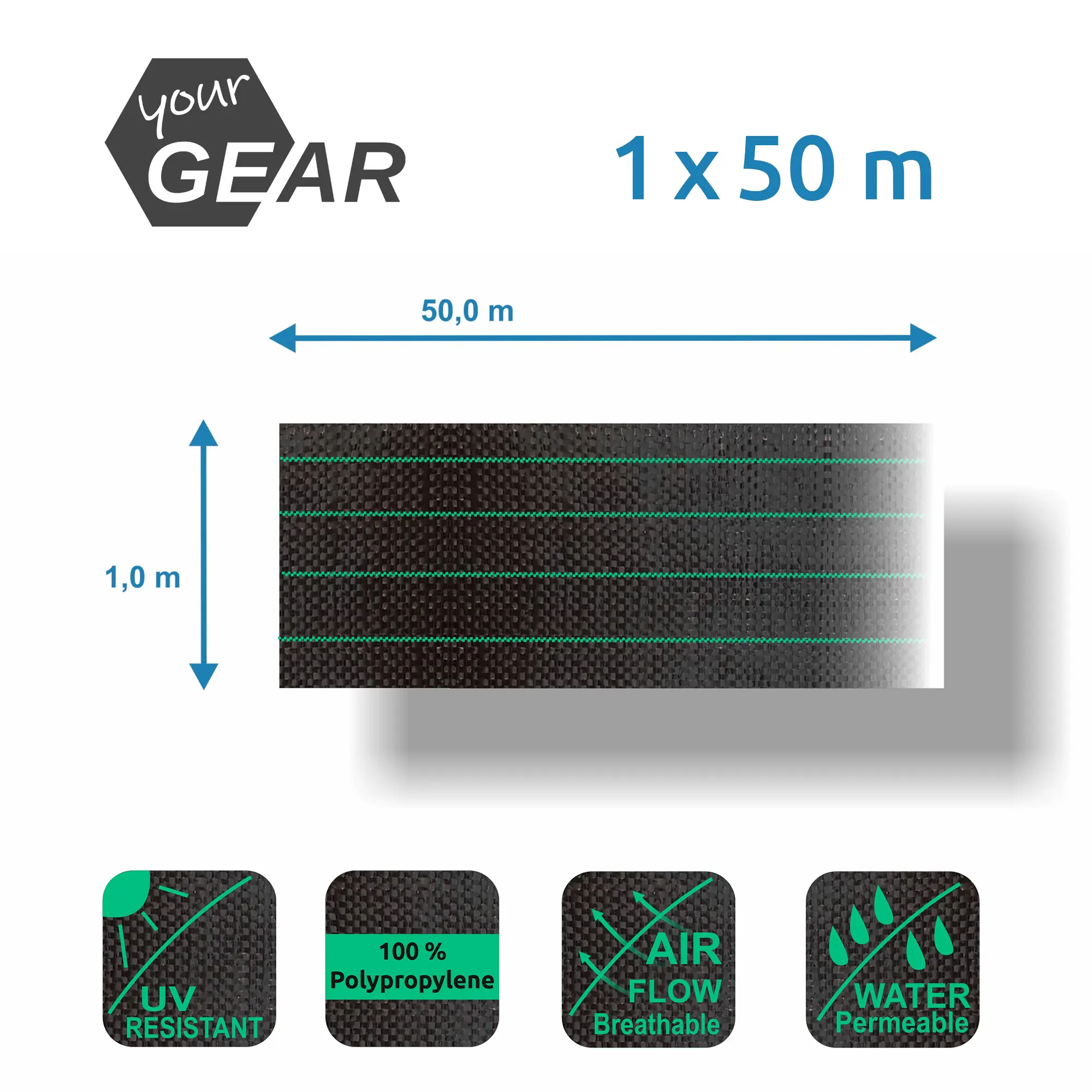 Feuille anti-mauvaises herbes yourGEAR 1x50 m, noire, en polypropylène, résistante UV, perméable à l’eau et à l’air, 100g/m², avec lignes vertes, présentée avec dimensions et icônes des caractéristiques.