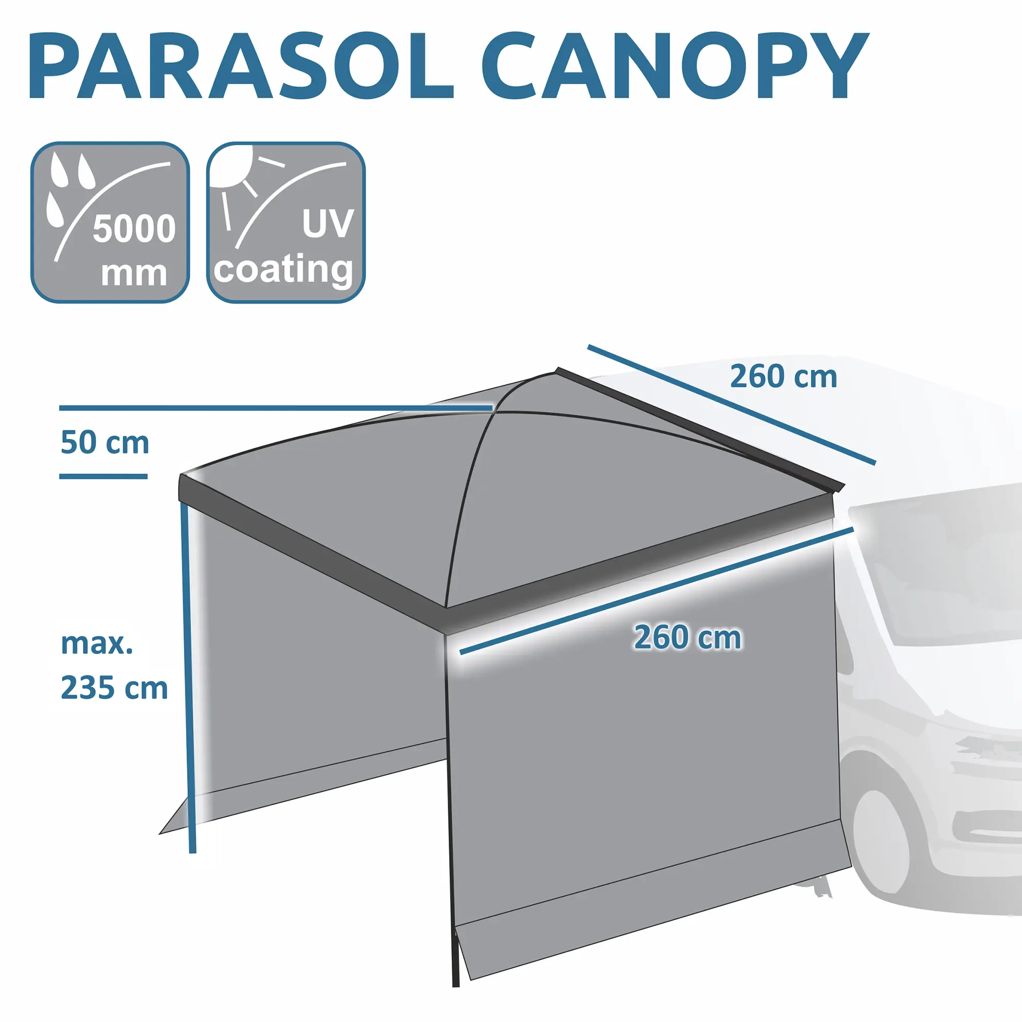 Tenda parasole your GEAR per van, dimensioni 260 x 260 cm, altezza max 235 cm, con due pareti laterali. Impermeabile 5000 mm, protezione UV, struttura stabile, ideale come veranda per Bulli e Multivan.