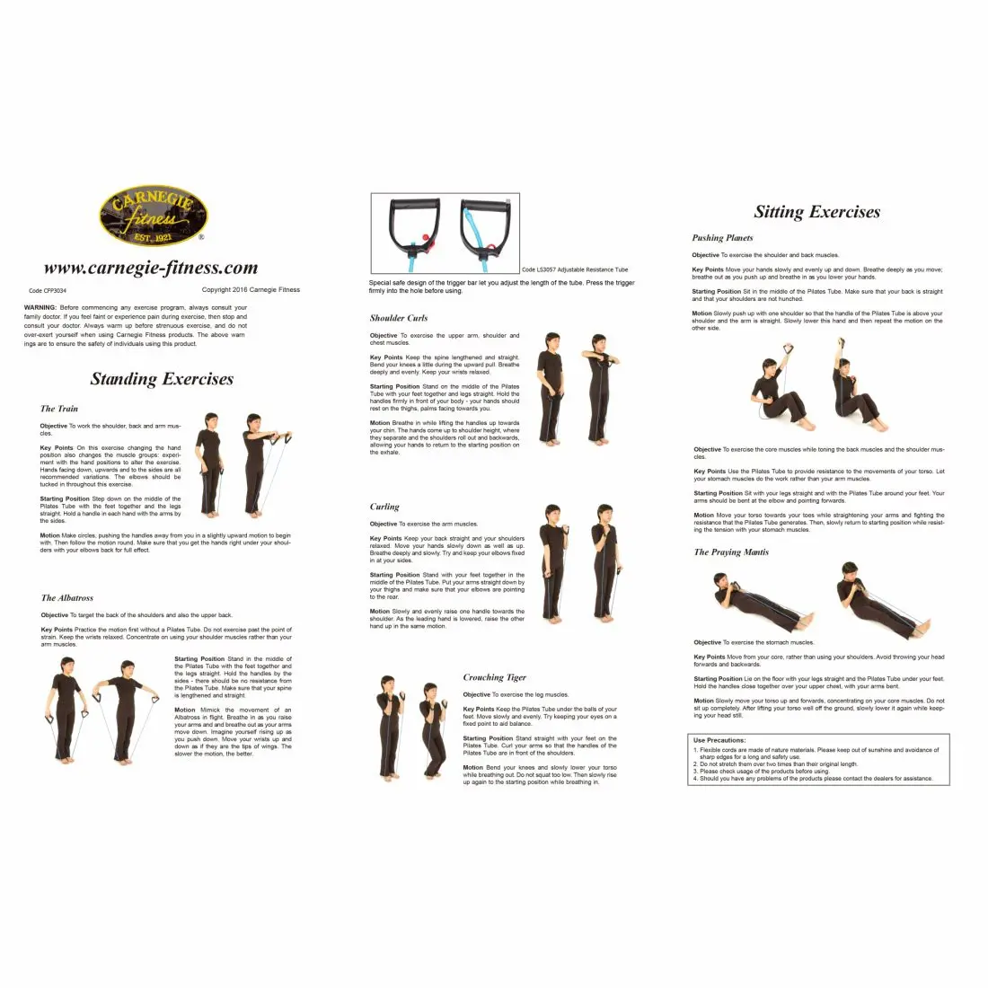 Instruction manual for the Carnegie Fitness-Tube adjustable resistance band, showing exercise illustrations, product images, and step-by-step workout instructions for standing and sitting exercises.