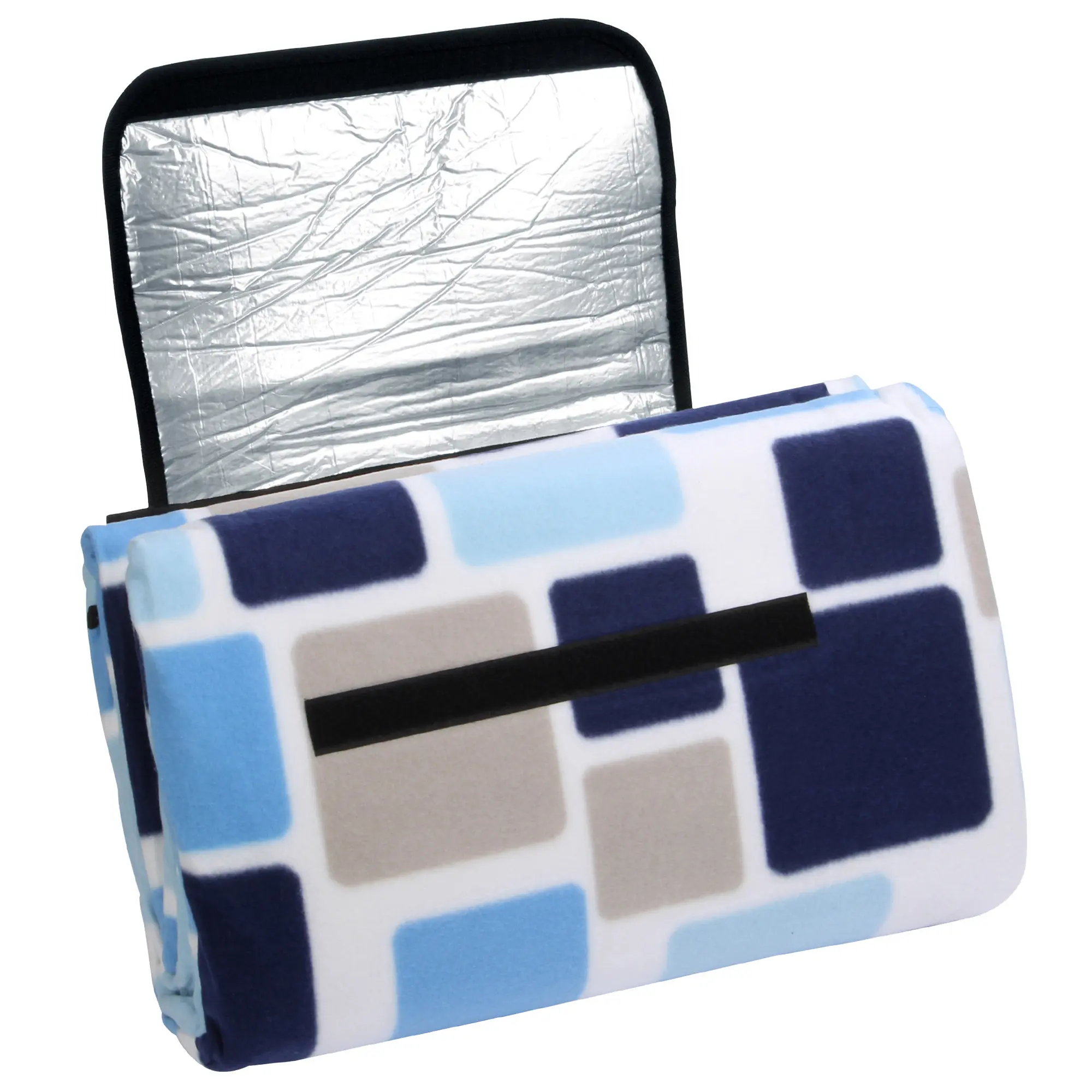 Couverture de pique-nique yourGEAR Cube XL 200x200 cm, motif à carreaux bleus et beige, surface en polaire douce, dessous isolant et imperméable en aluminium, pliée pour le transport.