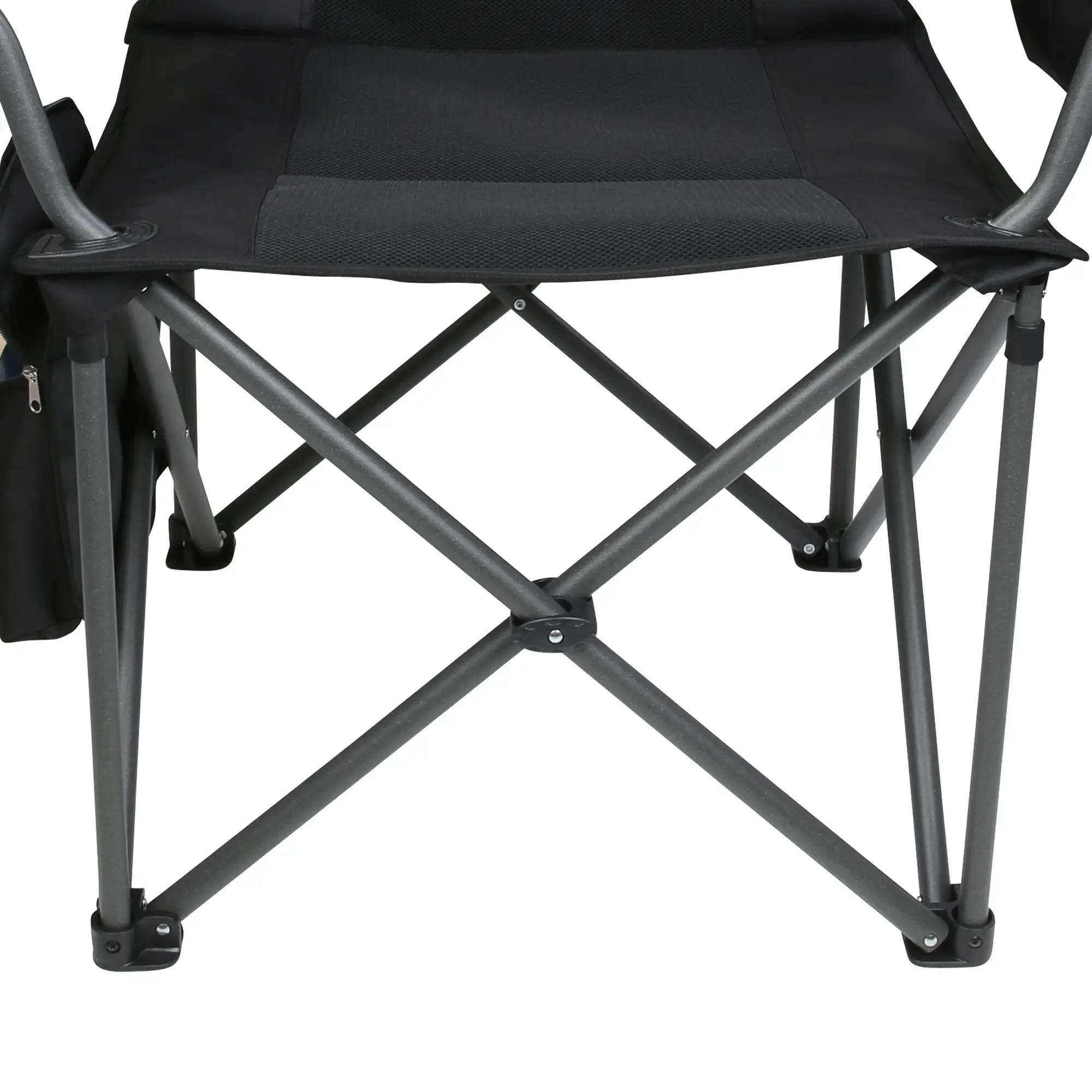 Campingstuhl your GEAR Fano mit robustem 22 mm Stahlrahmen, schwarzem 3D-Mesh-Sitz, Organizer-Tasche an der Seite, klappbares Design, hohe Belastbarkeit bis 250 kg, stabile Kreuzstreben.