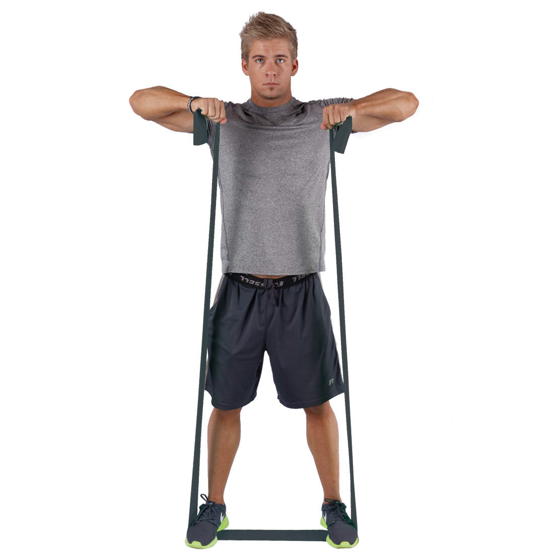 Fitnessband Spirit 183x10 cm, latexfrei, 27 kg Widerstand, wird von einer Person bei Schulterübung verwendet; Band in dunkler Farbe, ideal für Kraft- und Rehatraining, vielseitig einsetzbar.