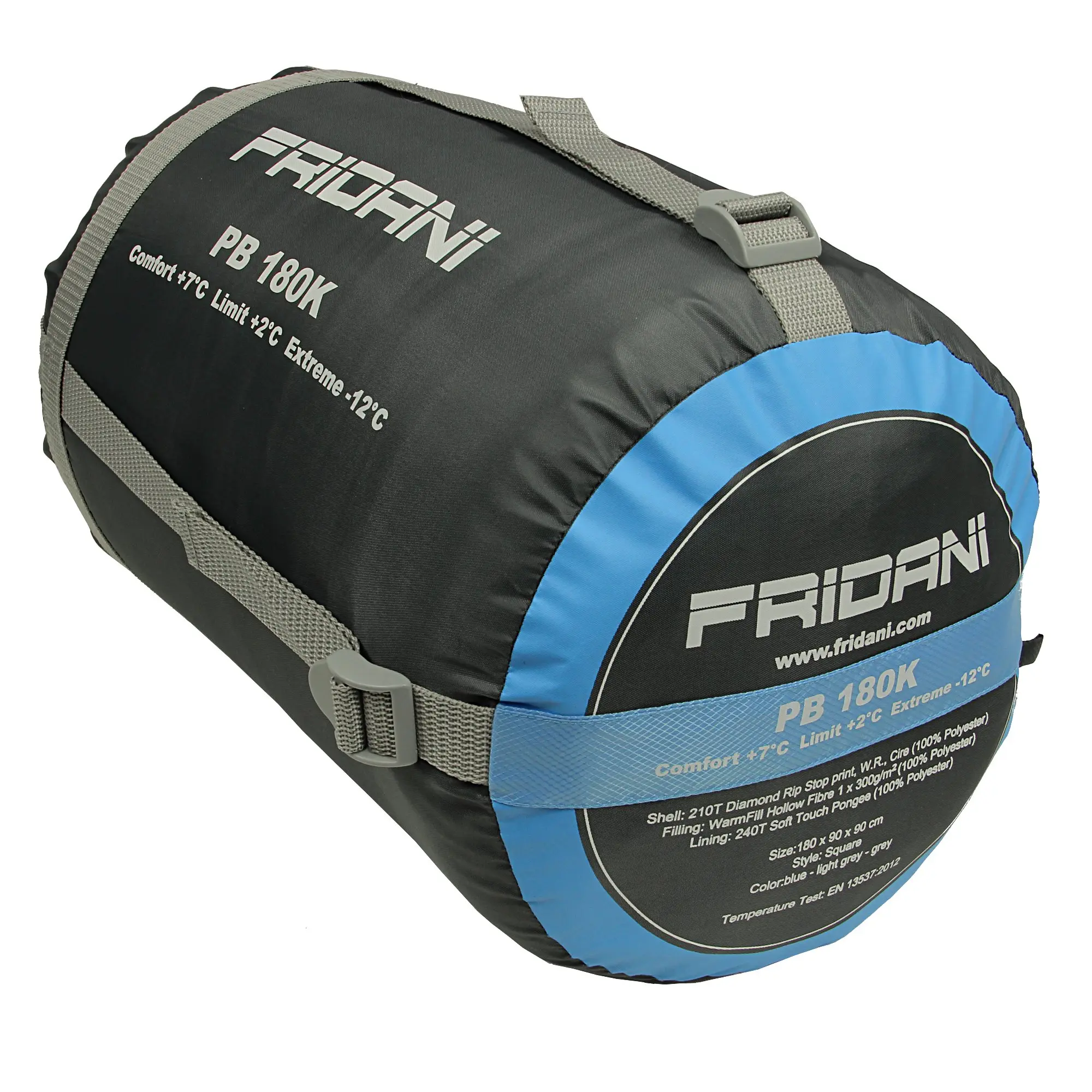 Sacco a pelo Fridani PB 180K compresso in una custodia nera e blu con cinghie grigie, specifiche di temperatura e materiali visibili sull’etichetta.