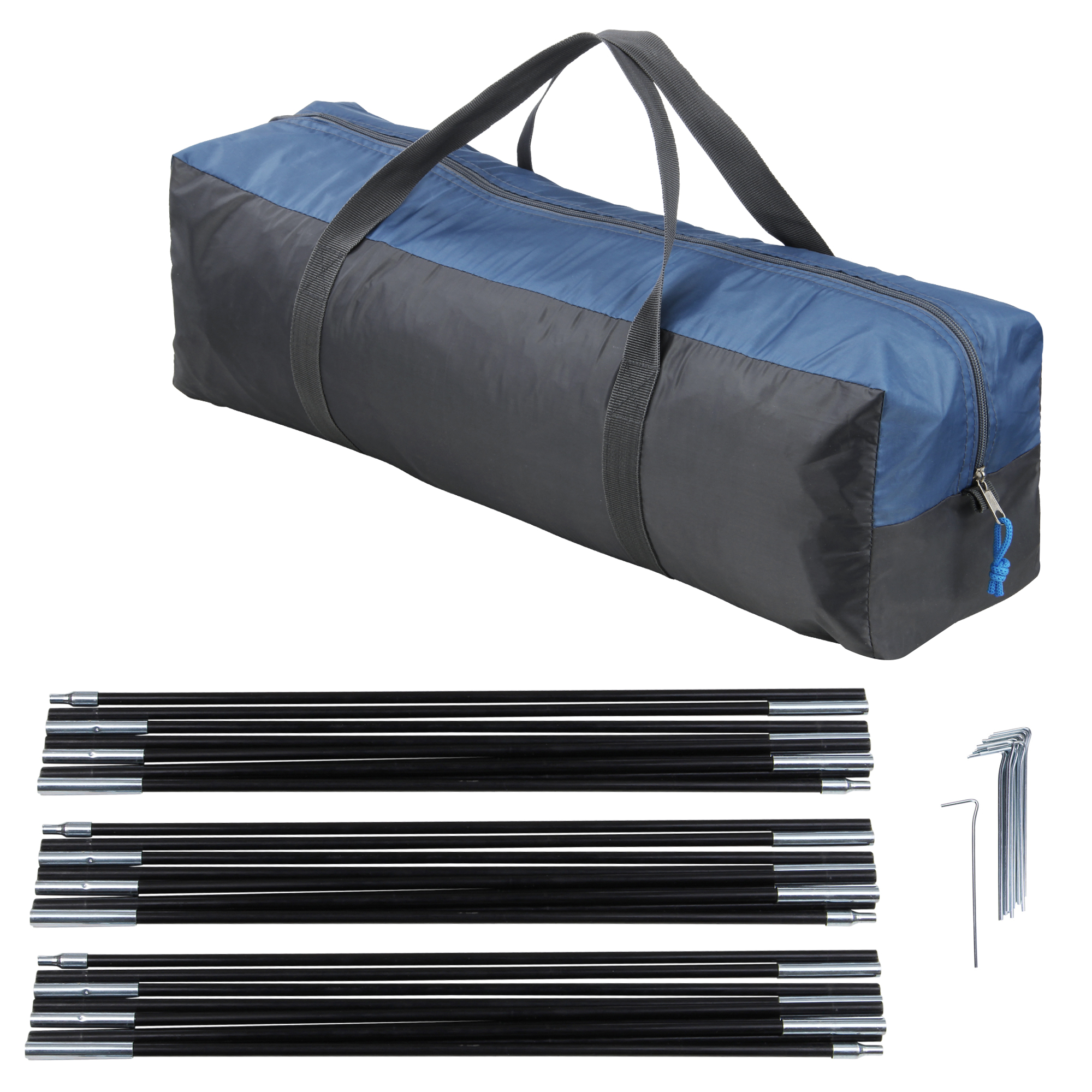 your GEAR Cetona 4 dome tent set: blue-grey carrying bag, black tent poles, and metal pegs for 4-person camping tent with side entrance and standing height, ideal for family camping and festivals.