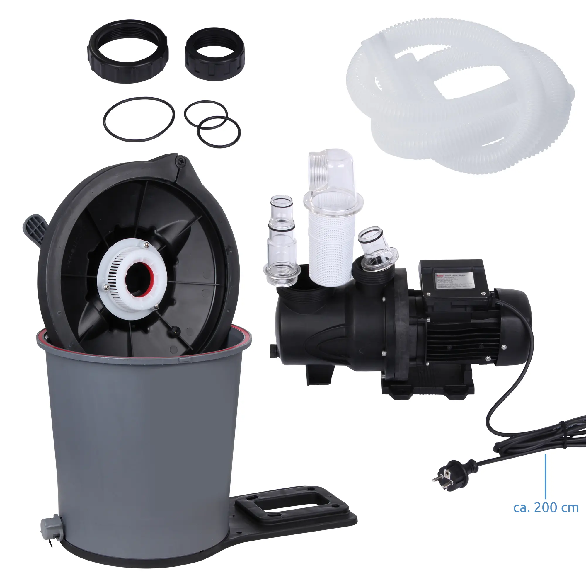 Filtro de arena yourGEAR SFP 6813 L/h para piscinas, incluye bomba negra, depósito gris, manguera flexible de 200 cm, conexiones, juntas y piezas de montaje. Ideal para piscinas hasta 30 m³.