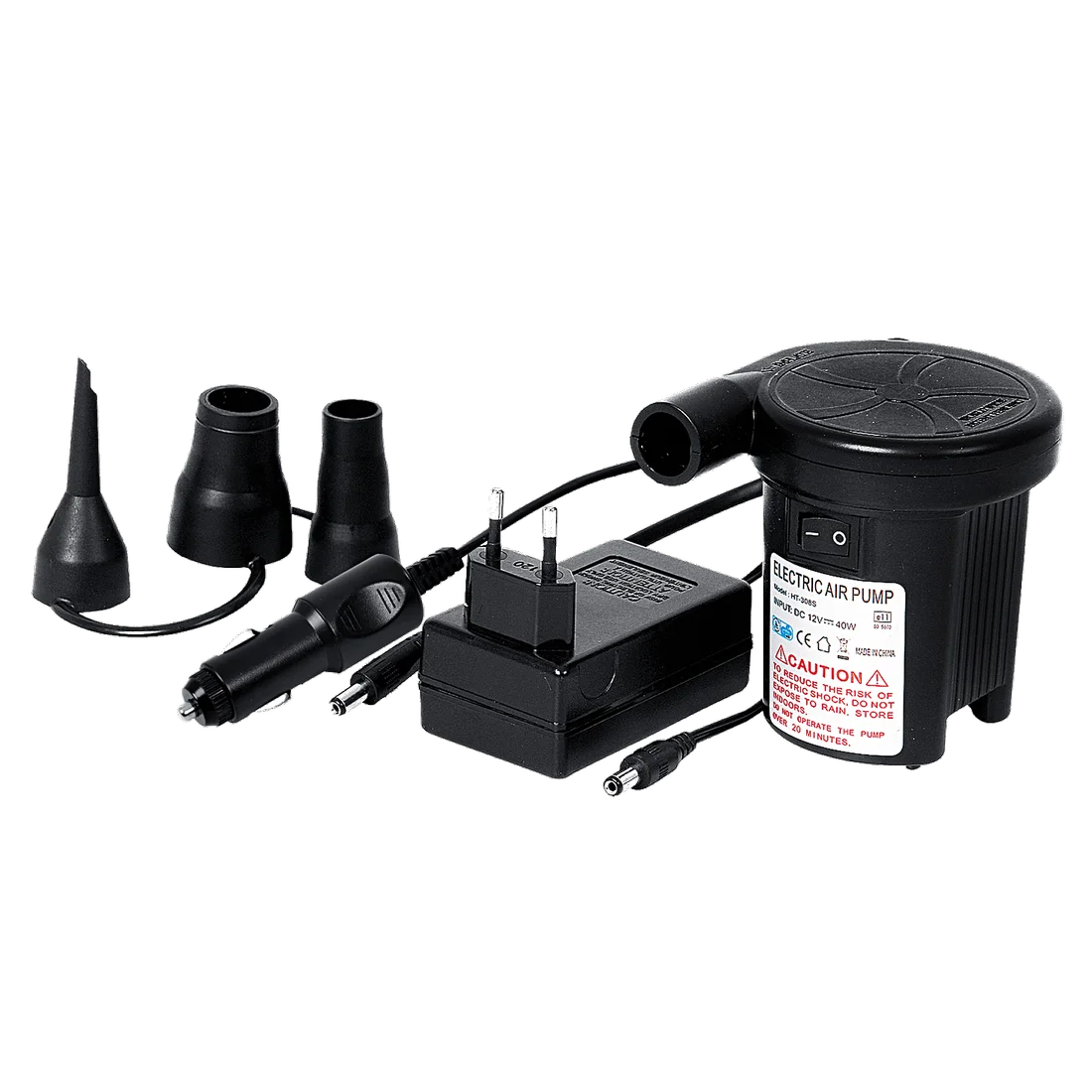 Jilong Elektro Luftpumpe 230V/12V mit drei Ventiladaptern, Netzteil und Autoadapter, kompakt und schwarz, ideal zum schnellen Aufpumpen von Luftmatratzen, Pools und aufblasbaren Produkten.