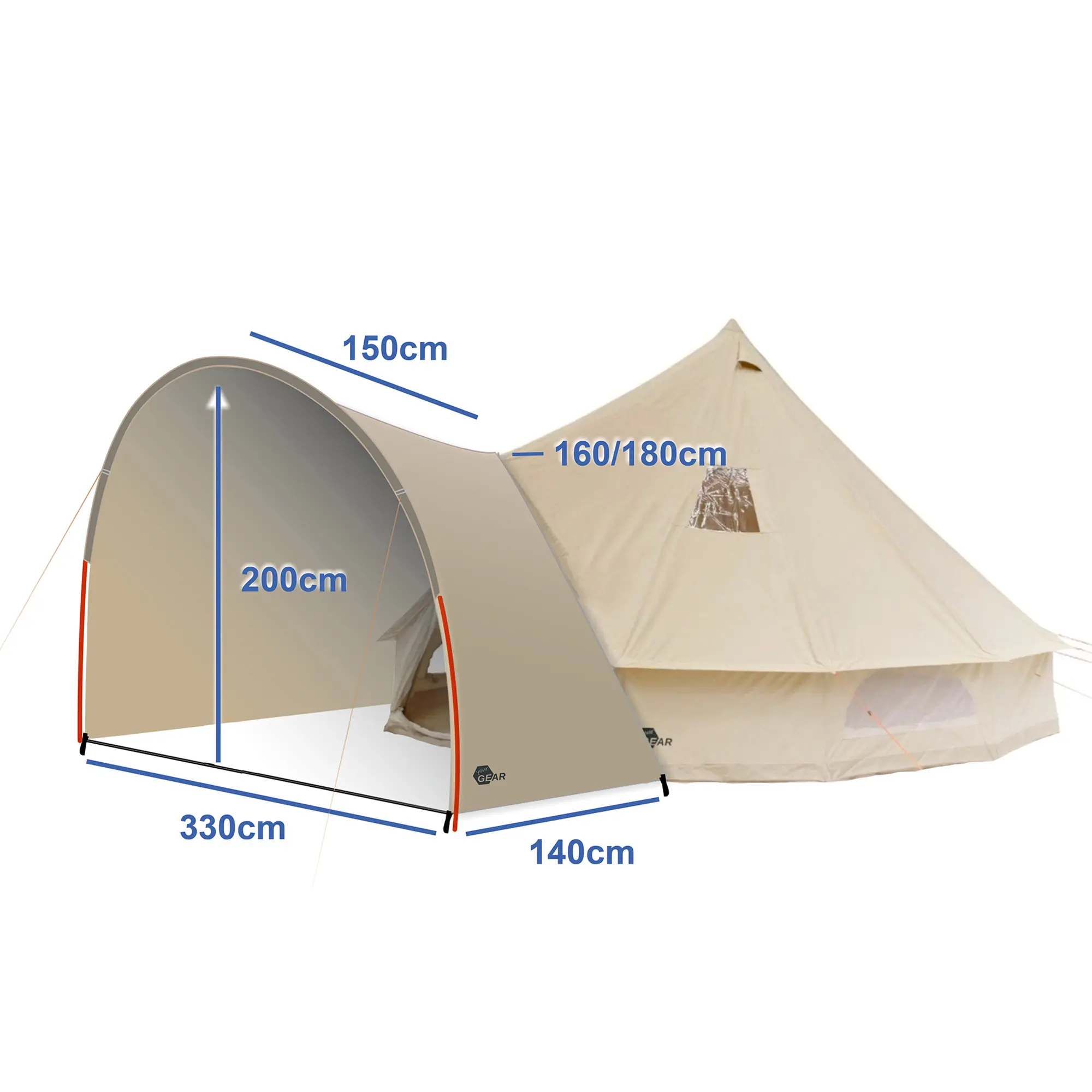 Tienda tipi your GEAR Desert 8 Pro de algodón beige para 8 personas, con cabina de dormir, gran vestíbulo, protección UV50+, ventanas y medidas visibles: 395 cm diámetro, 200 cm alto, 330x140 cm vestíbulo.