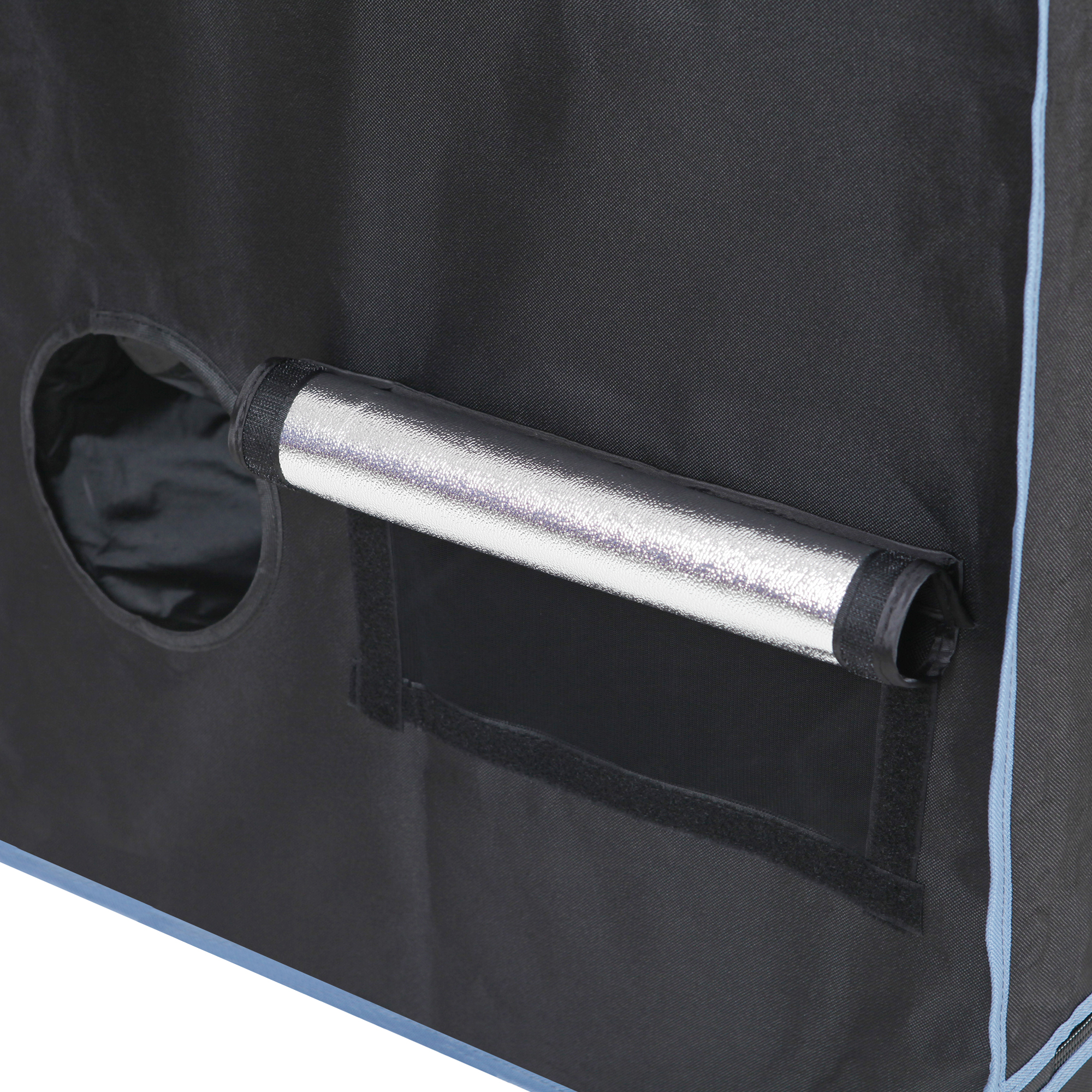 Growzelt yourGEAR Plantsville 120x60x180 cm, Detailansicht der robusten schwarzen Stoffhülle mit reflektierender silberner Innenbeschichtung und Belüftungsöffnung, ideal für Indoor Pflanzenzucht und Gewächshausanbau.