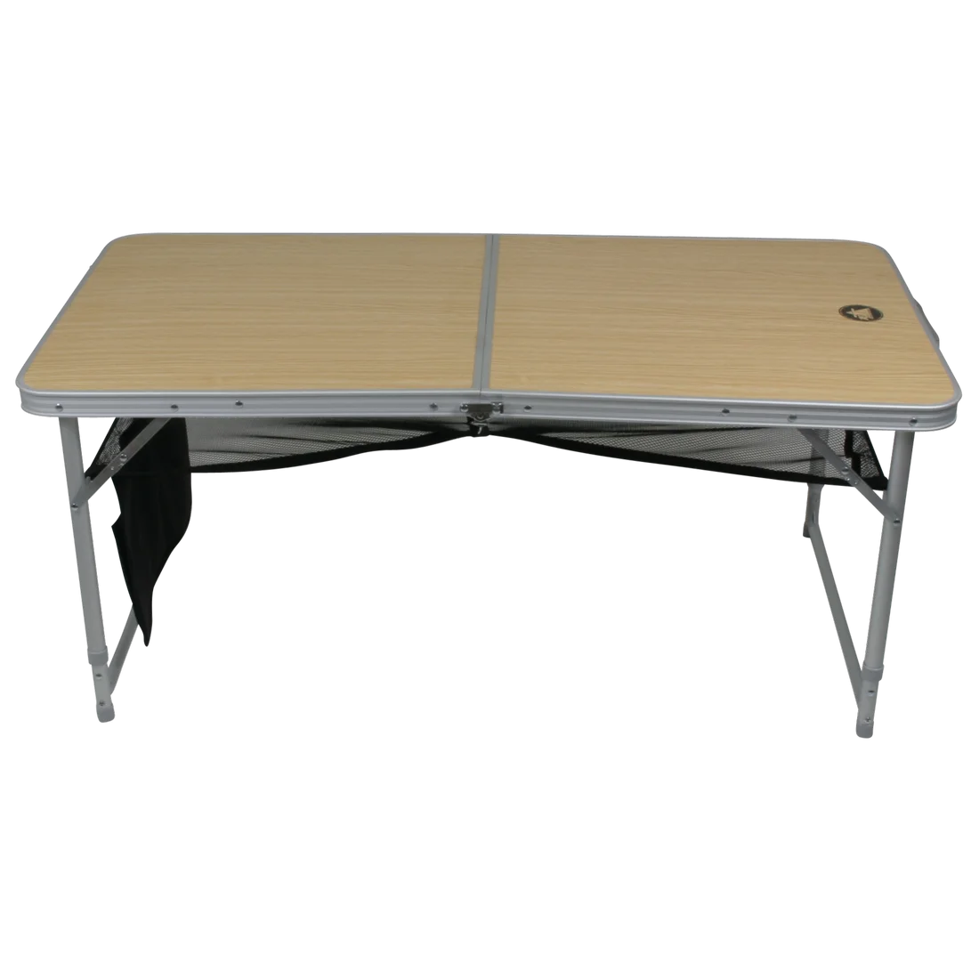 Table pliante de camping 10T pour 4 personnes en aluminium, plateau effet bois clair, pieds métalliques robustes, rangement sous la table, idéale pour pique-nique ou vacances en plein air.