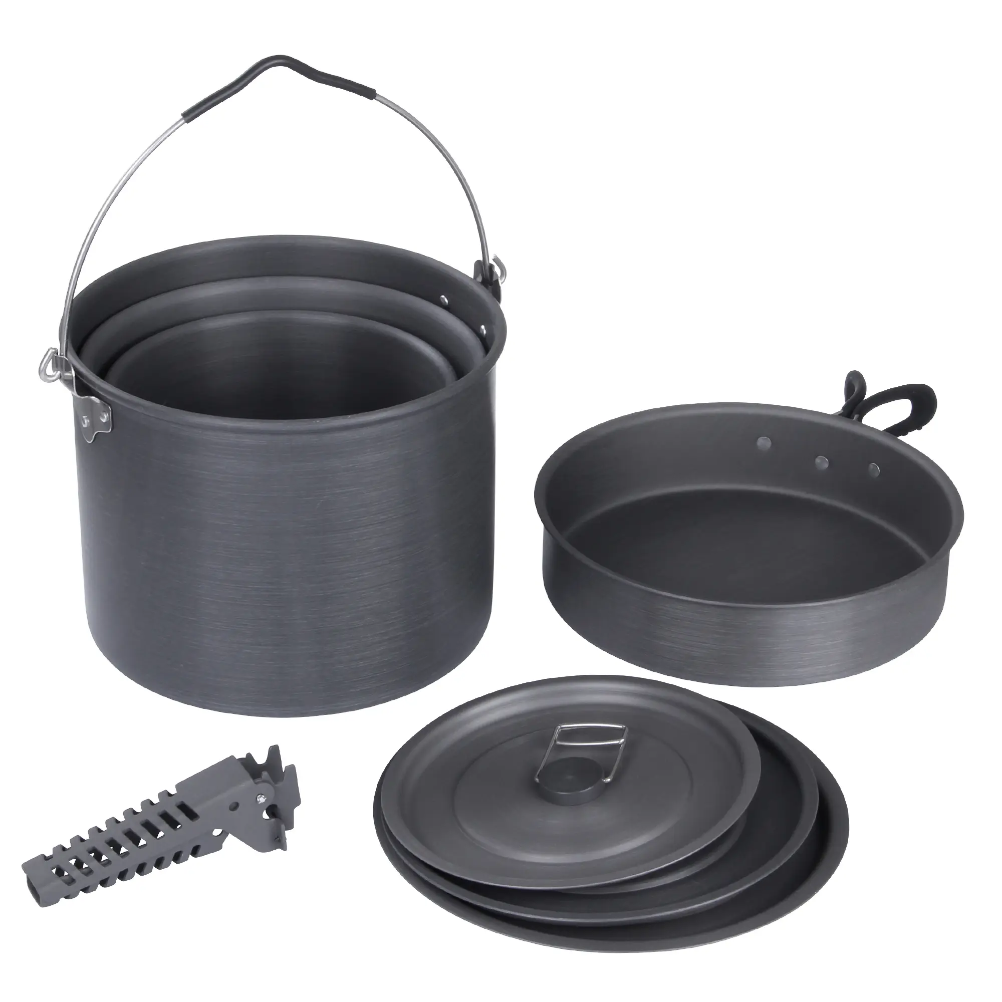 Set di pentole e padelle 10T Ranger VI+ per campeggio, composto da pentole, padella, coperchi e pinza, in alluminio leggero, impilabili e con manico, adatto per gruppi da 6 a 10 persone.