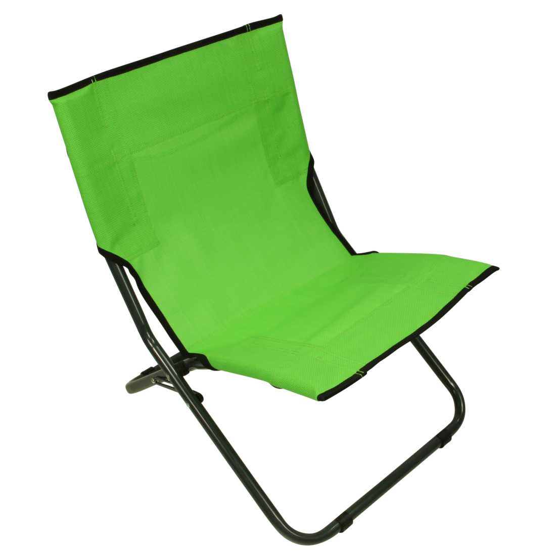 Green Fridani BCG XL folding beach and camping chair with breathable fabric and black metal frame, featuring a low, comfortable seat and compact design, ideal for outdoor use and easy transport.