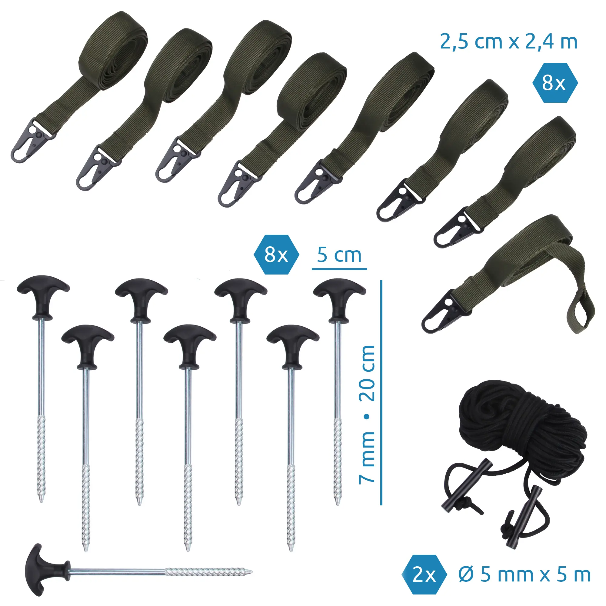 Set di accessori yourGEAR Bushcraft Tarp: 8 cinghie verdi con moschettone (2,5 cm x 2,4 m), 8 picchetti in metallo (20 cm), 2 corde nere (5 mm x 5 m) con tenditori, ideale per campeggio.