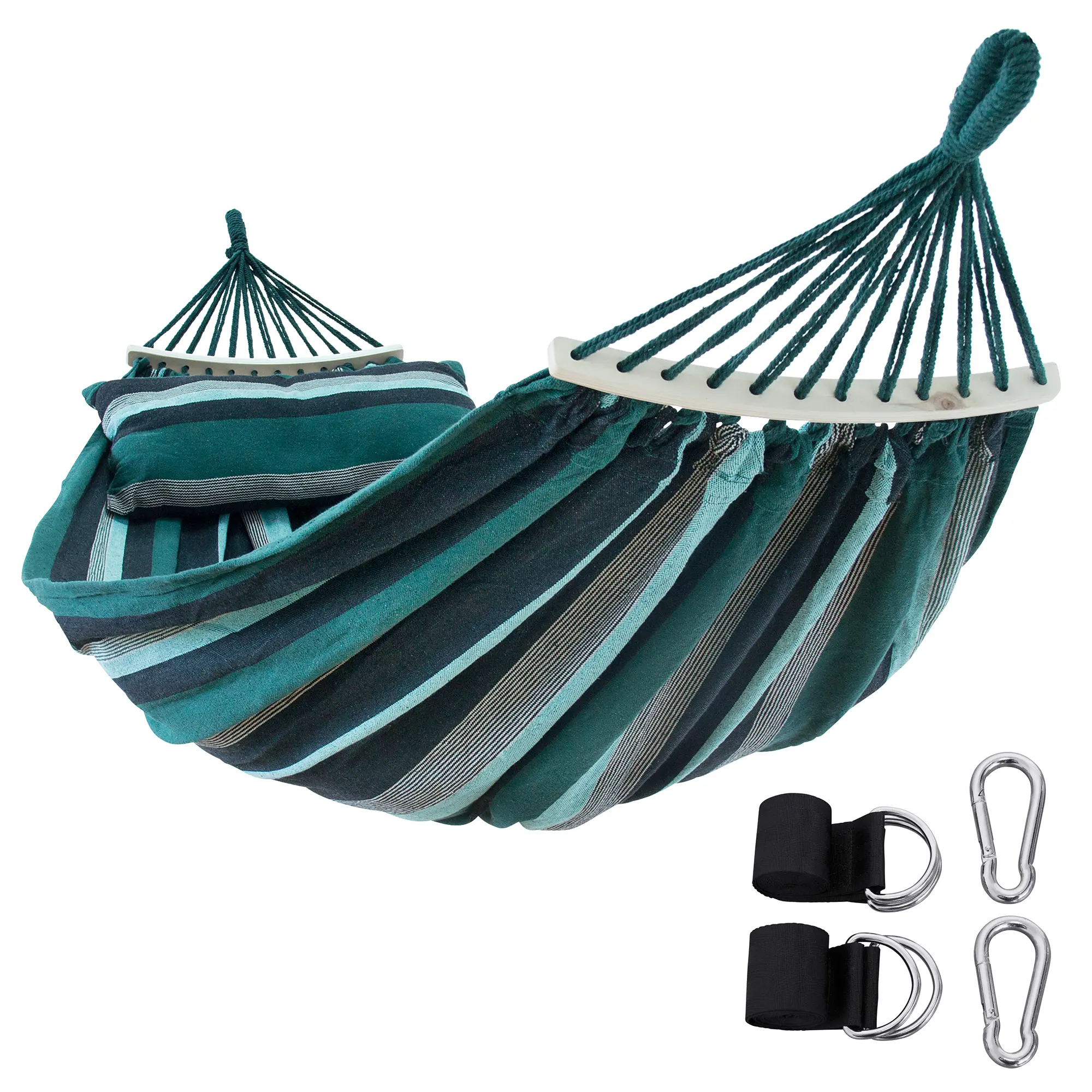 Hamac yourGEAR Bali Smaragd 220x120 cm en coton, rayé vert et bleu, avec barre en bois, coussin assorti et set de fixation (crochets et sangles), capacité 240 kg, pour intérieur et extérieur.