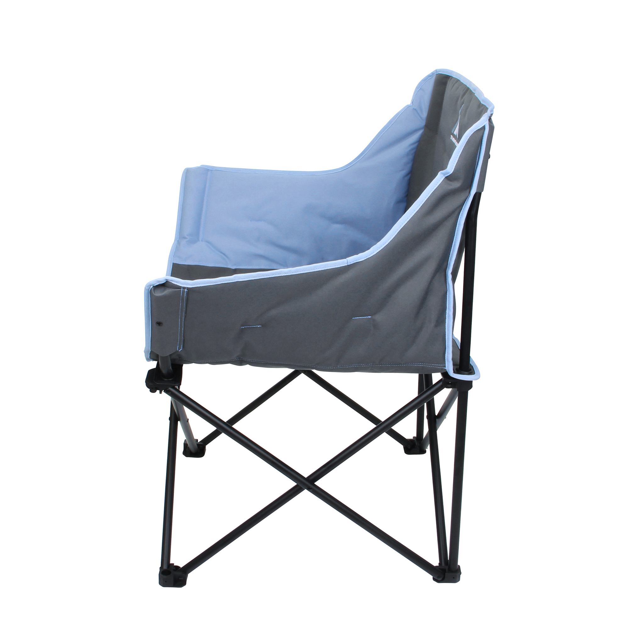 Silla de camping XXL 10T Jace Arona plegable, color azul y gris, con reposabrazos acolchados, portavasos, bolsillo lateral y estructura resistente negra. Ideal para exteriores, soporta hasta 130 kg.