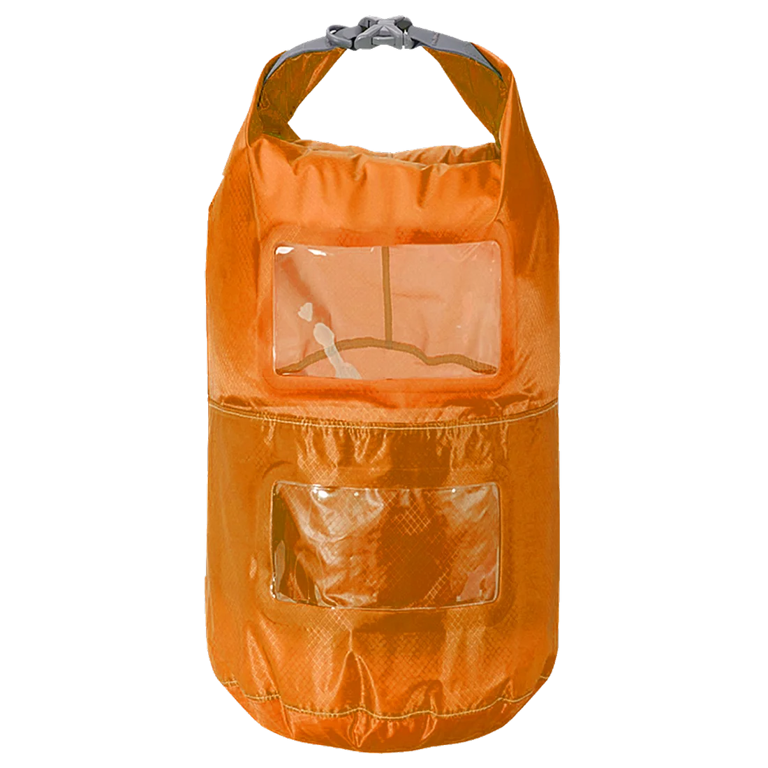 Sac étanche Trekmates 6L orange avec deux compartiments, fenêtres transparentes pour voir le contenu, fermeture à enrouler et boucle grise, matériau nylon léger et imperméable. Idéal pour le rangement outdoor.