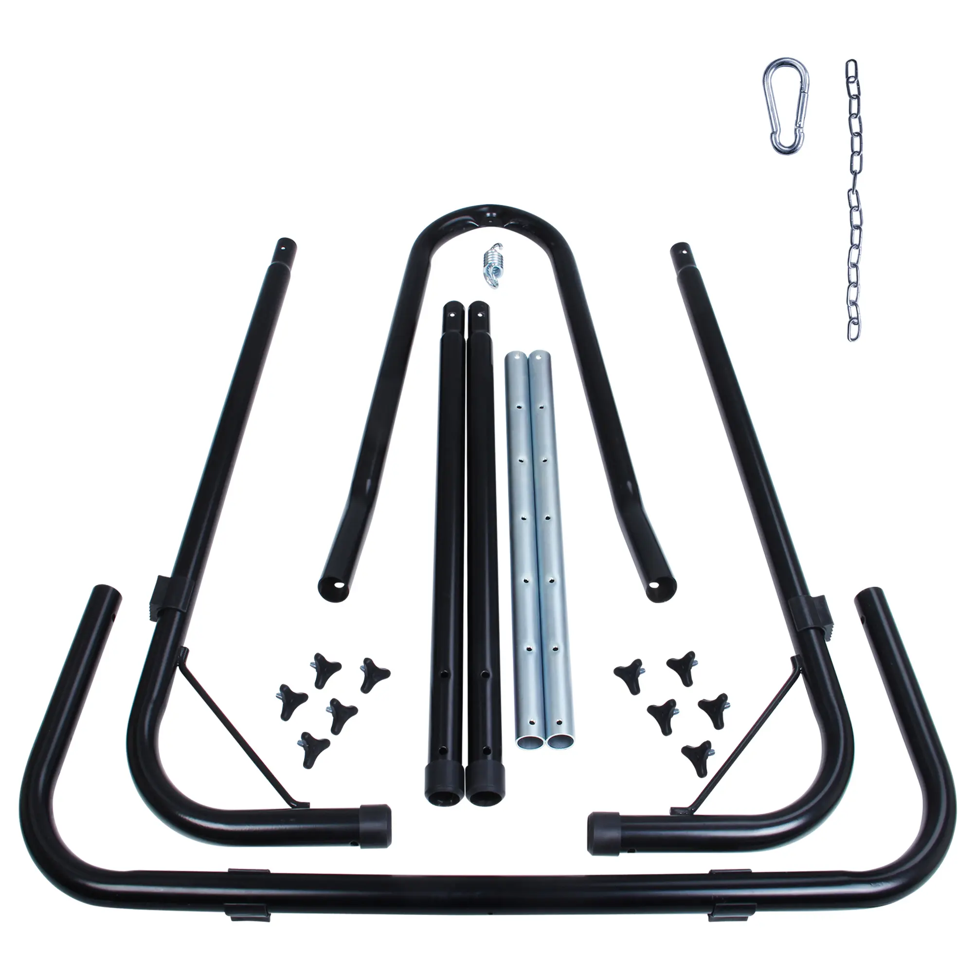 your GEAR hanging chair stand set, black powder-coated steel frame, height adjustable, includes curved and straight tubes, metal chain, carabiner, and assembly knobs, supports up to 240 kg, TÜV certified.