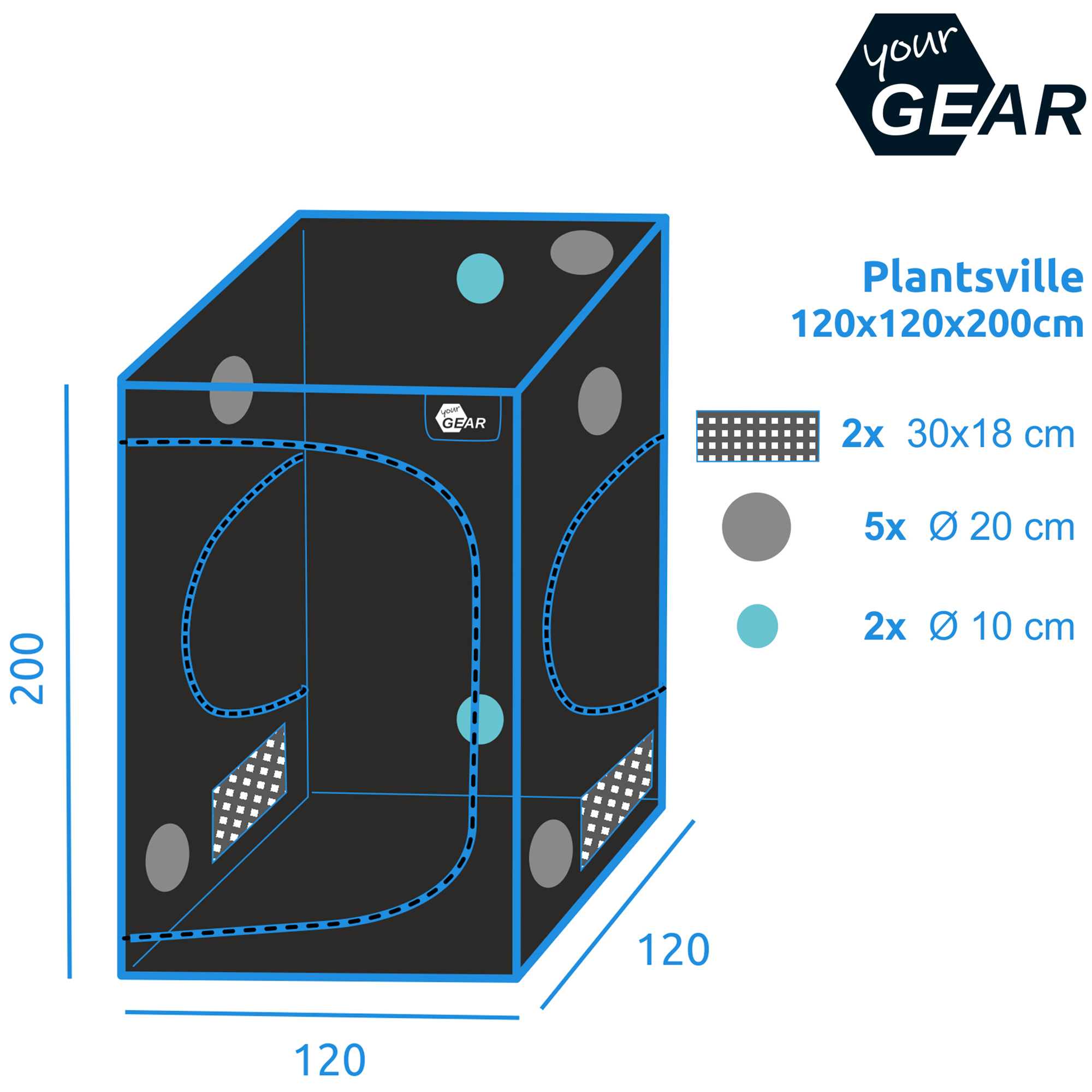 yourGEAR Growzelt Plantsville 120x120x200 cm, schwarzes Indoor-Zuchtzelt mit Belüftungsöffnungen und Sichtfenstern, beschriftet mit Maßen und Anzahl der Öffnungen für optimales Pflanzenwachstum.