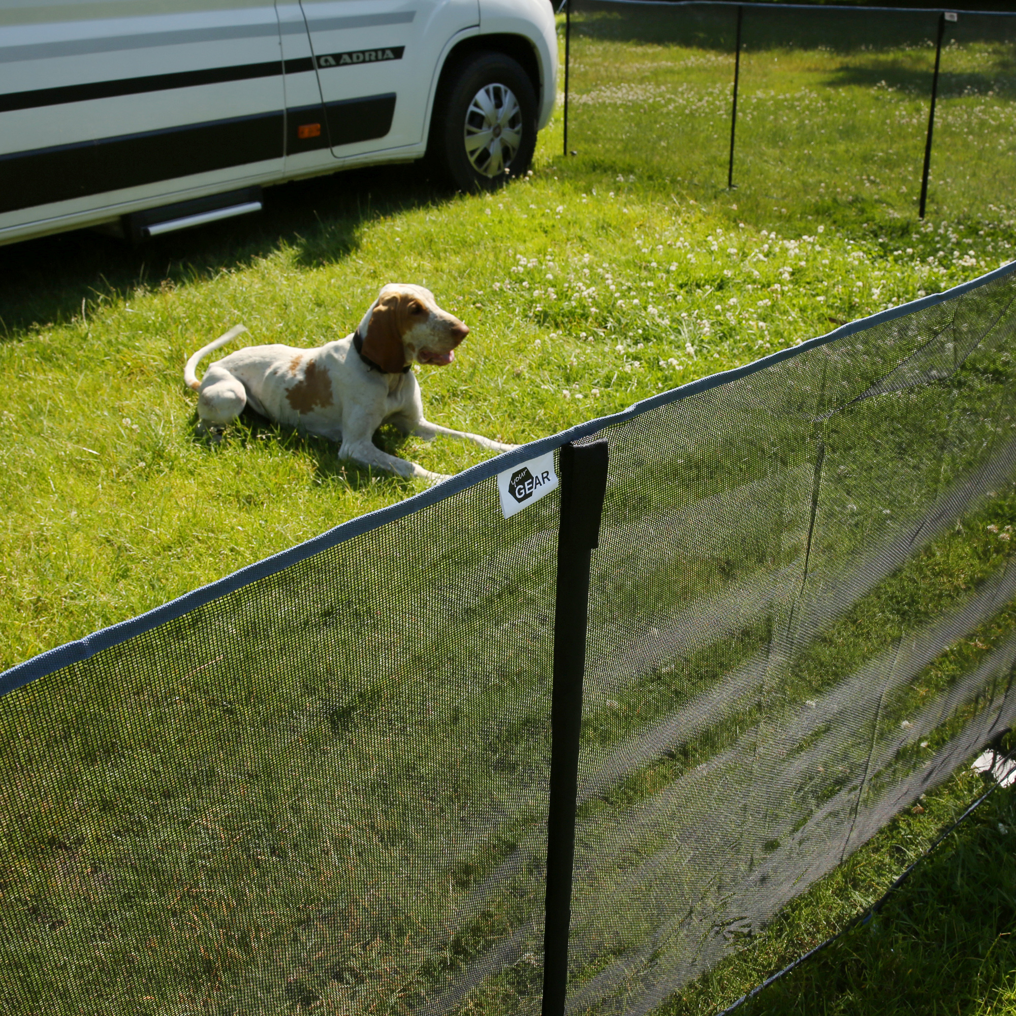 Recinto mobile per cani your GEAR Larino 400, rete nera alta 90 cm con pali, montato su prato davanti a un camper; all’interno un cane sdraiato sull’erba. Ideale per campeggio e giardino.
