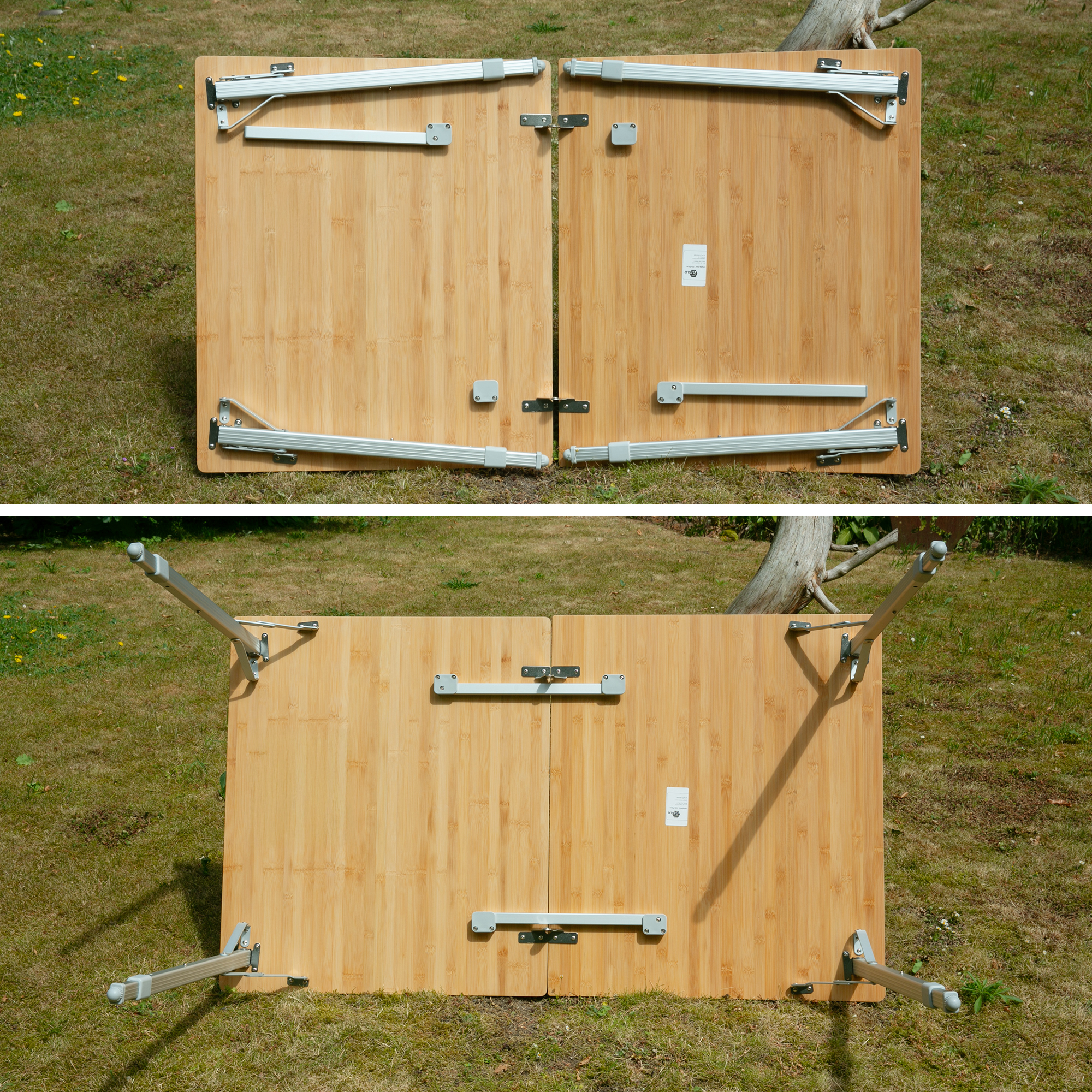 Folded and partially unfolded your GEAR Portofino XL bamboo camping table for 6 people, showing sturdy aluminum legs, natural bamboo tabletop, and foldable design on grass outdoors. Ideal for camping and outdoor use.