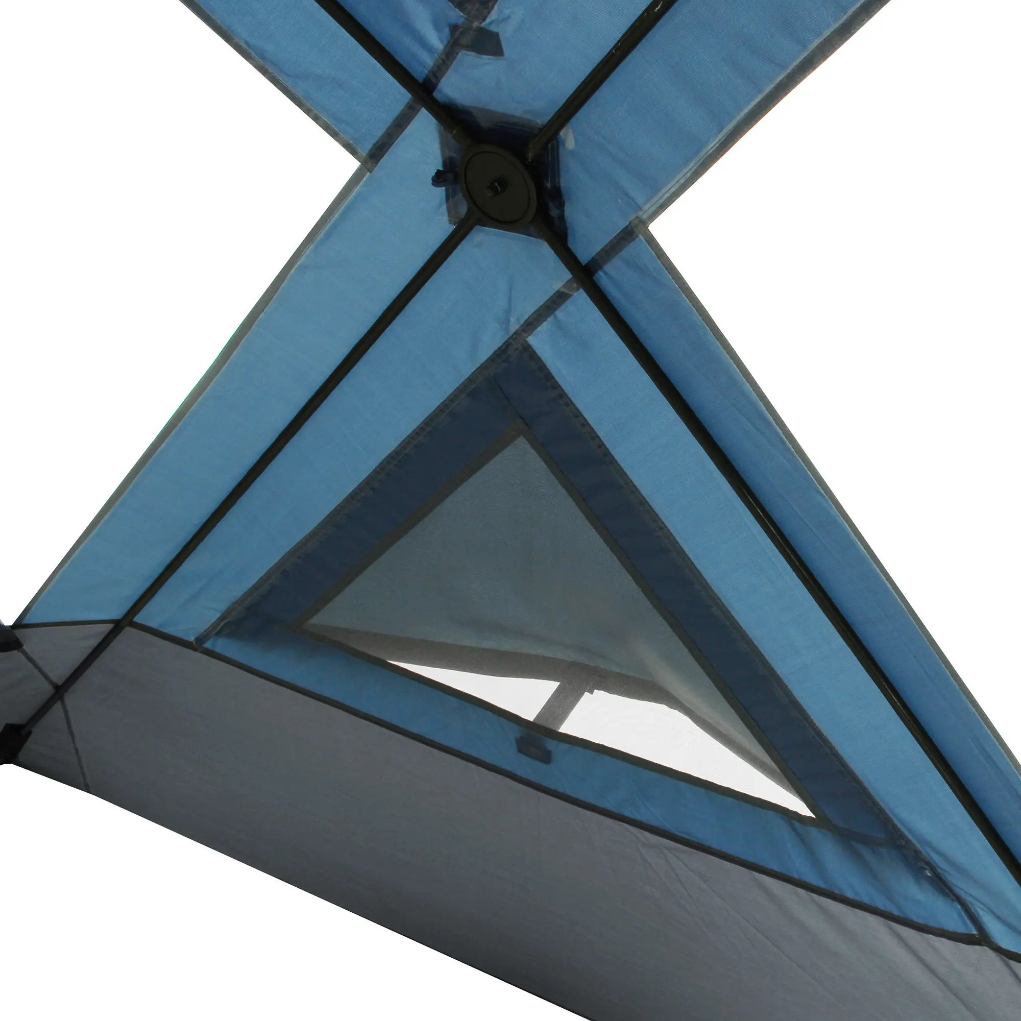 Detailansicht des yourGEAR Pop Up Pavillon Levanzo: Stabiles Faltgestänge, blau-graues Zeltmaterial, integriertes Dreiecksfenster mit Netz für Belüftung. Für 4-6 Personen, wasserdicht, Multifunktionszelt.