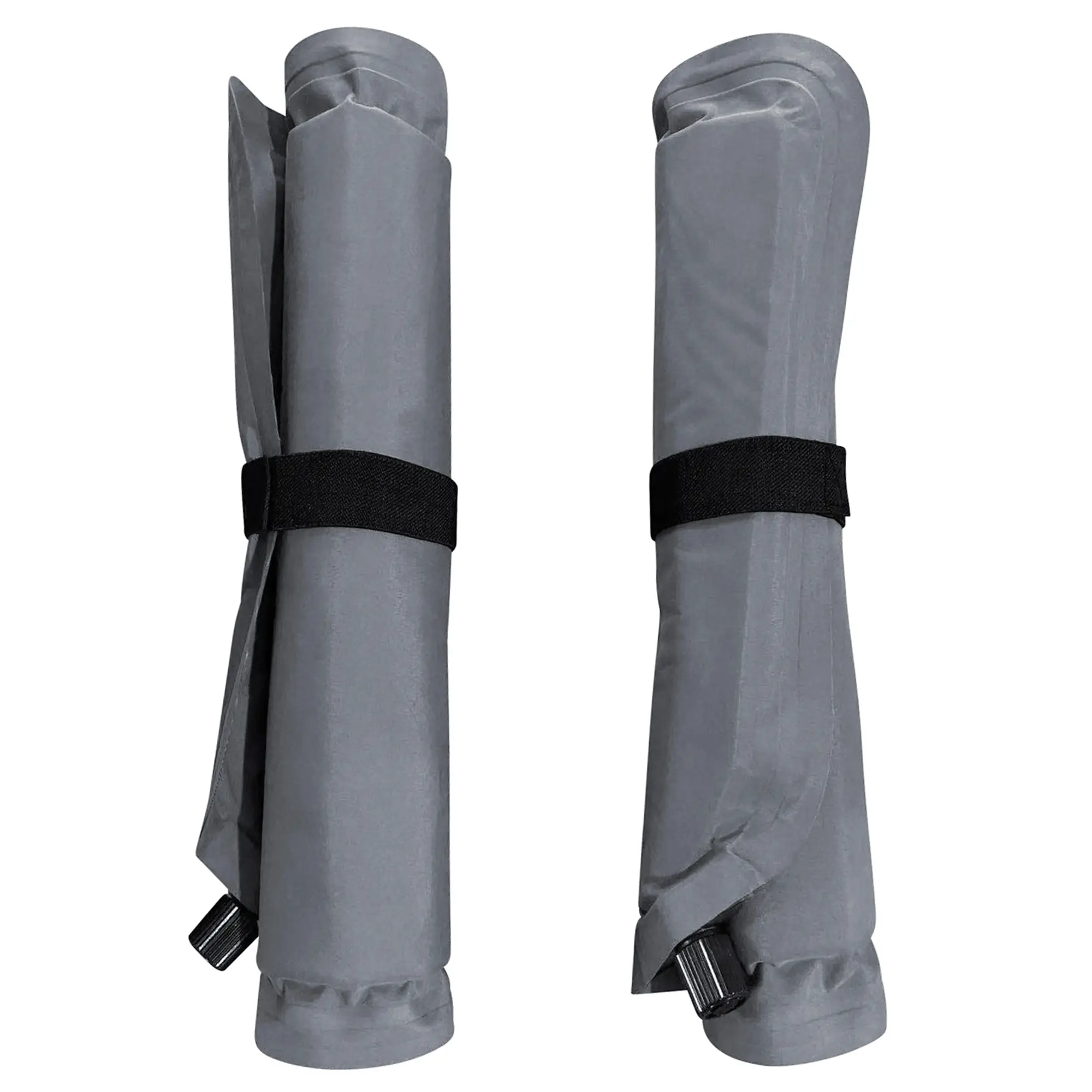 Set of two rolled-up yourGEAR self-inflating thermal seat cushions, grey, each secured with a black strap, featuring a compact design and visible inflation valve—ideal for travel, camping, or outdoor seating.
