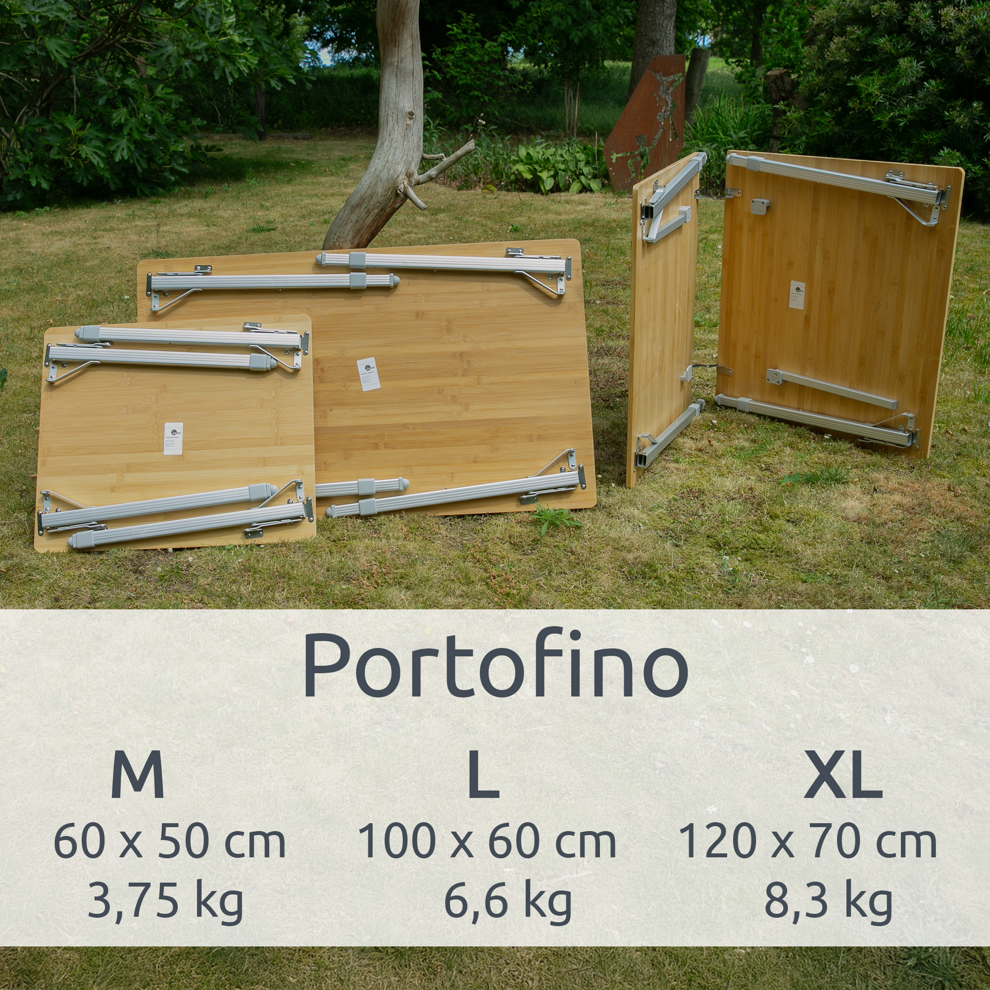 Folded your GEAR Portofino XL bamboo camping table with silver telescopic legs, shown outdoors; size 120 x 70 cm, for 6 people. Durable, eco-friendly bamboo, three height settings, stable and portable.
