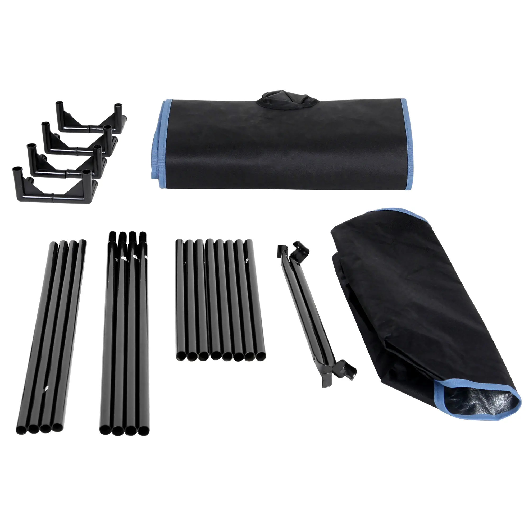 Tente de culture yourGEAR Plantsville 40x40x120 cm démontée : tubes métalliques noirs, coins en plastique, housse noire à bord bleu, idéale pour la culture indoor de plantes, herbes, fruits et légumes.